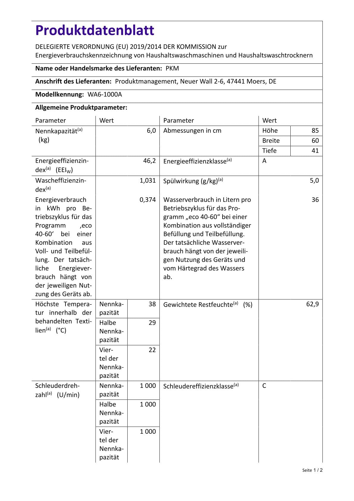 PKM Waschmaschine WA6-1000A | Energieeffizienzklasse A | 16 Programme | BLDC Motor | Kindersicherung | ECO - Programm | Display
