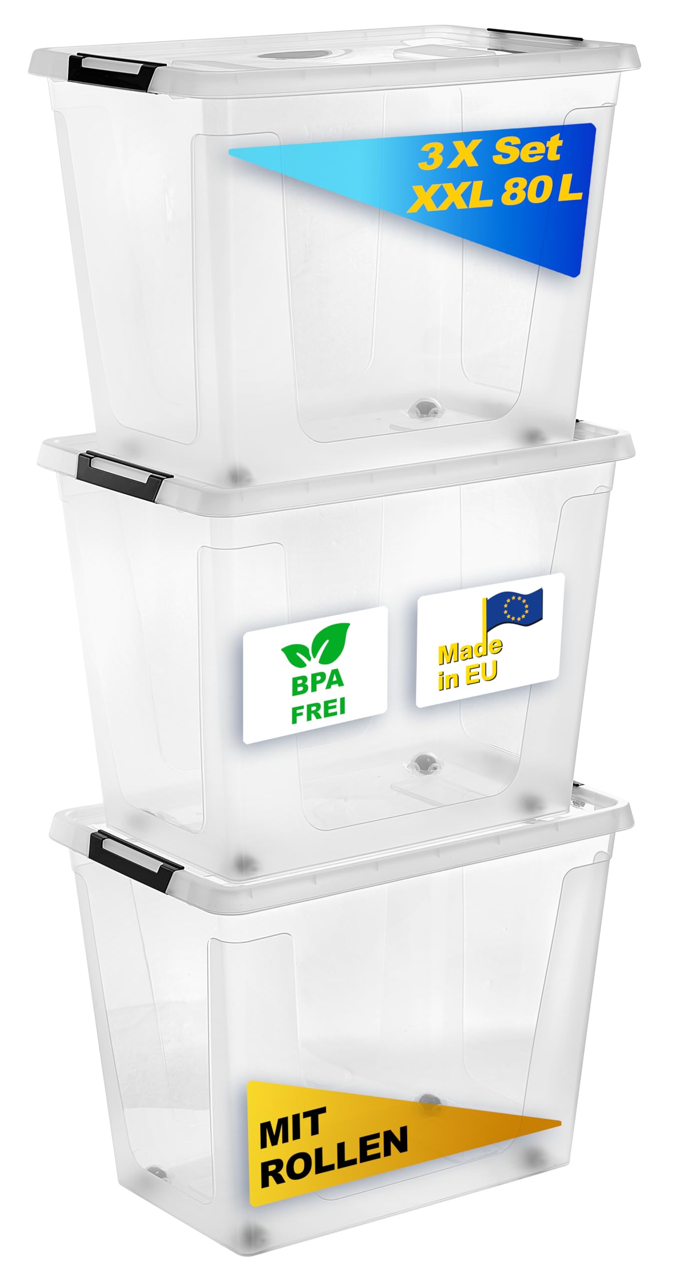 Gardissimo Aufbewahrungsbox Clip 80 Liter, 3er Set, transparent | mit Deckel und Rollen, Kunststoff Stapelboxen, Clip-Verschluss, BPA-frei, MADE IN Europe
