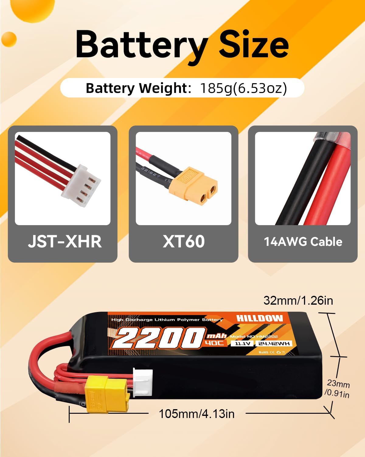 Hilldow 3S Lipo Battery 2200mAh 11.1V 40C RC Battery Pack Soft Case with XT60 Connector for RC Drone Airplane Quadcopter Helicopter Boat Hobby Models((2 Packs)