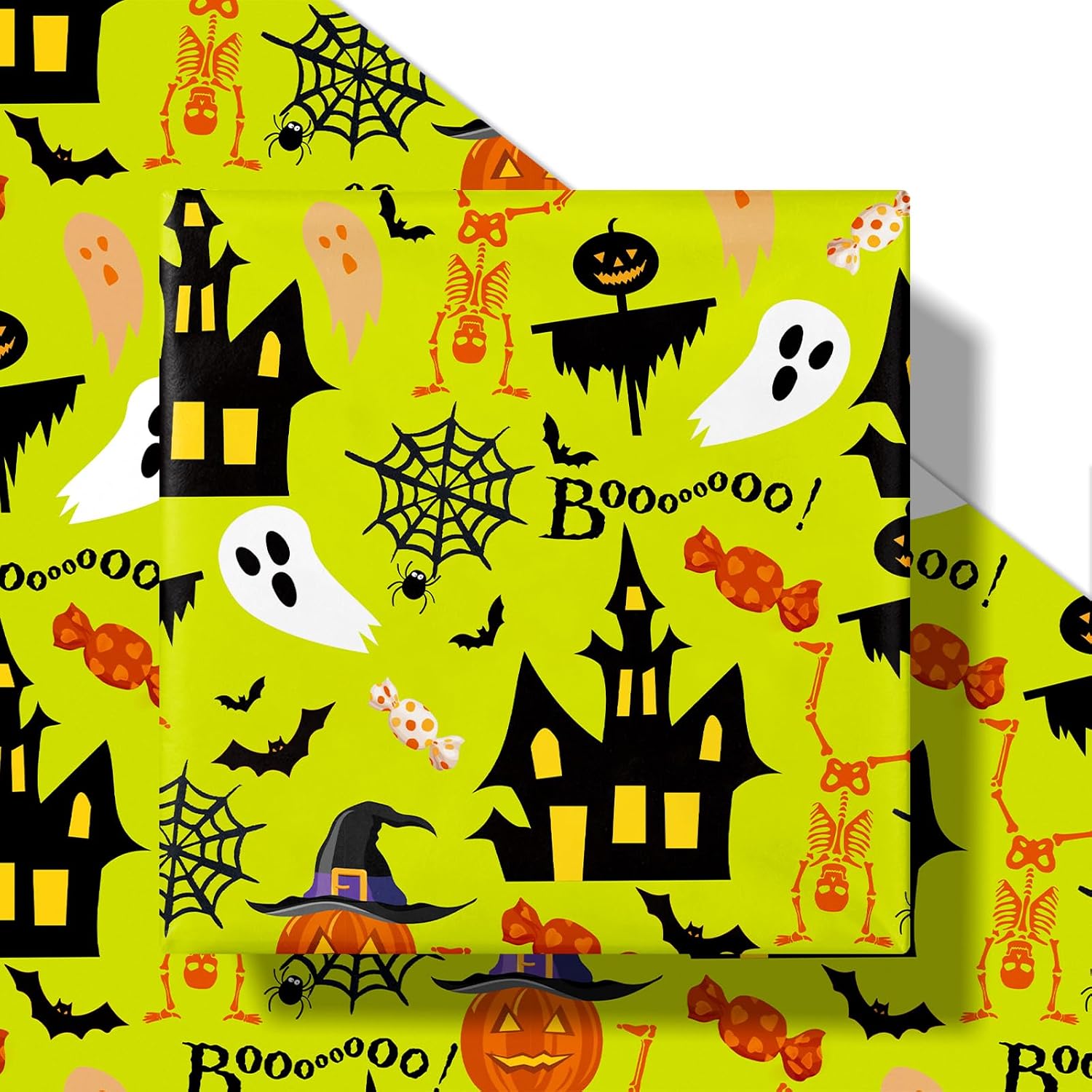 RUSPEPA Halloween Wrapping Paper Roll, Mini Roll, Castle Design with Ghost, Pumpkin, Bat and Spider, Vibrant Green Gift Wrap for Kids Halloween Party and Trick or Treat, 17 Inches x 16.4 Feet image 2