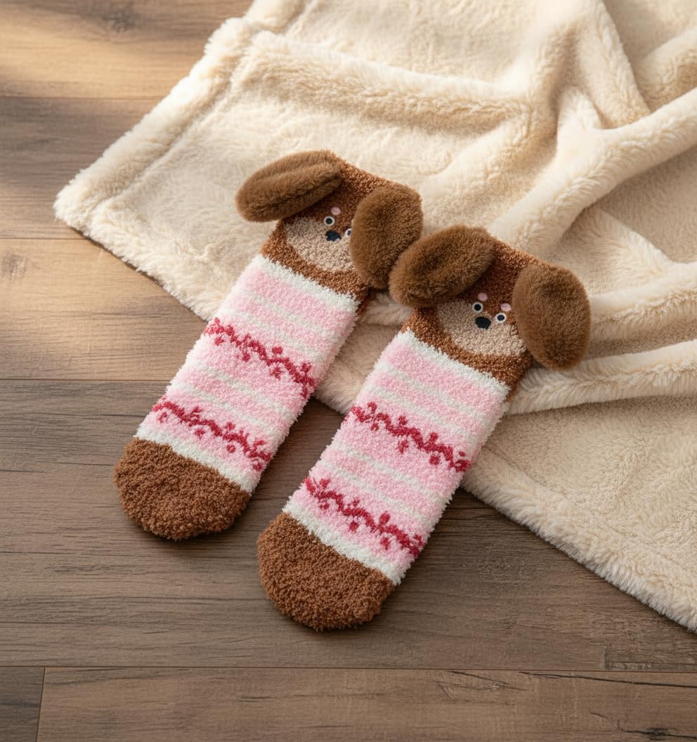 4 Pair Fuzzy Socks for women, Winter Fluffy Soft Slipper Socks, Cozy Cute Animal Slipper Sock for Chirstmas Gifts - Image 6