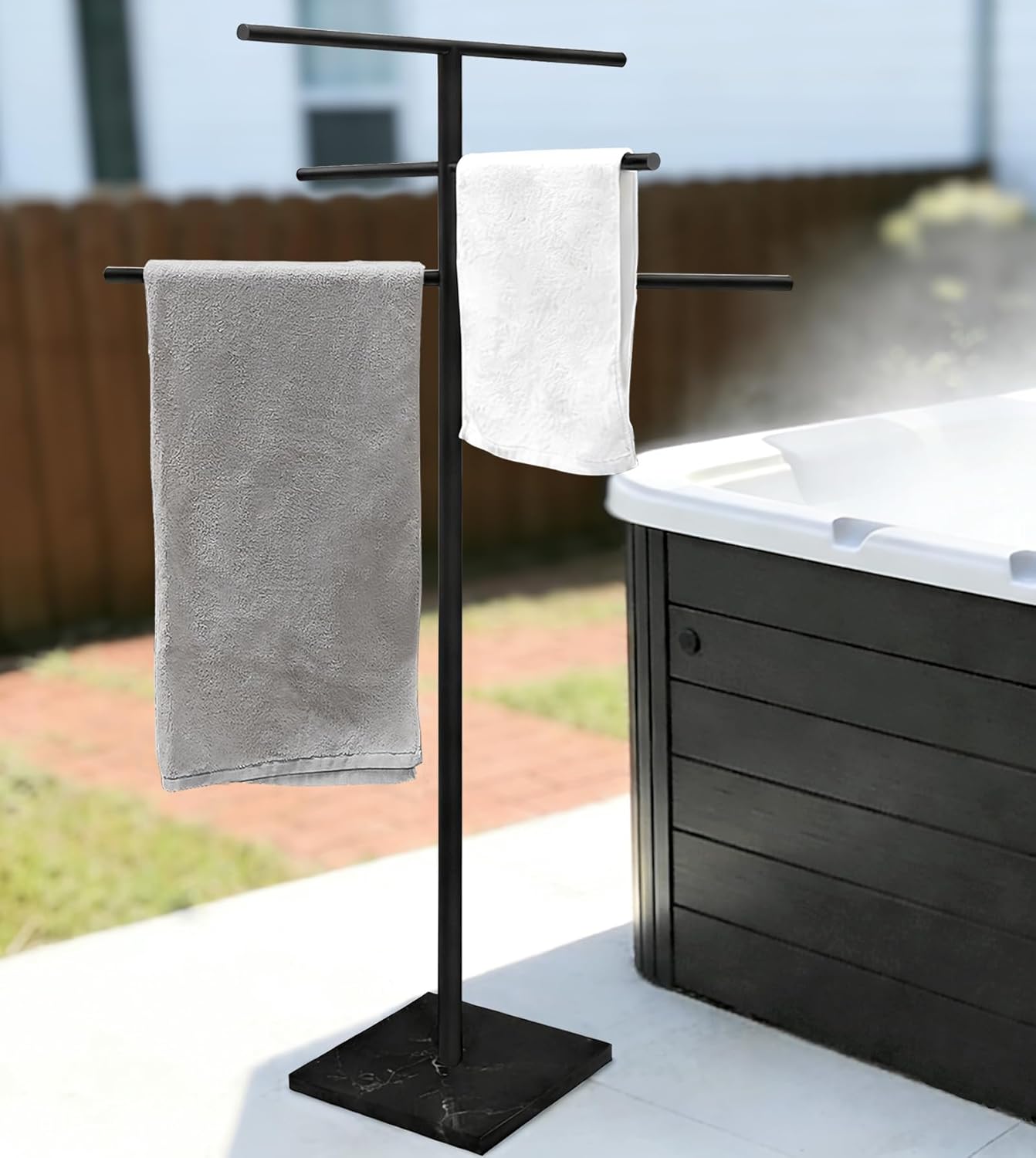 Marble Base Outdoor Standing Towel Rack for Swimming Pool, Hot Tub Or Spa, 304 Stainless Steel 6 Arms Standing Towel Sheet Holder Blanket Drying Rack Matte Black