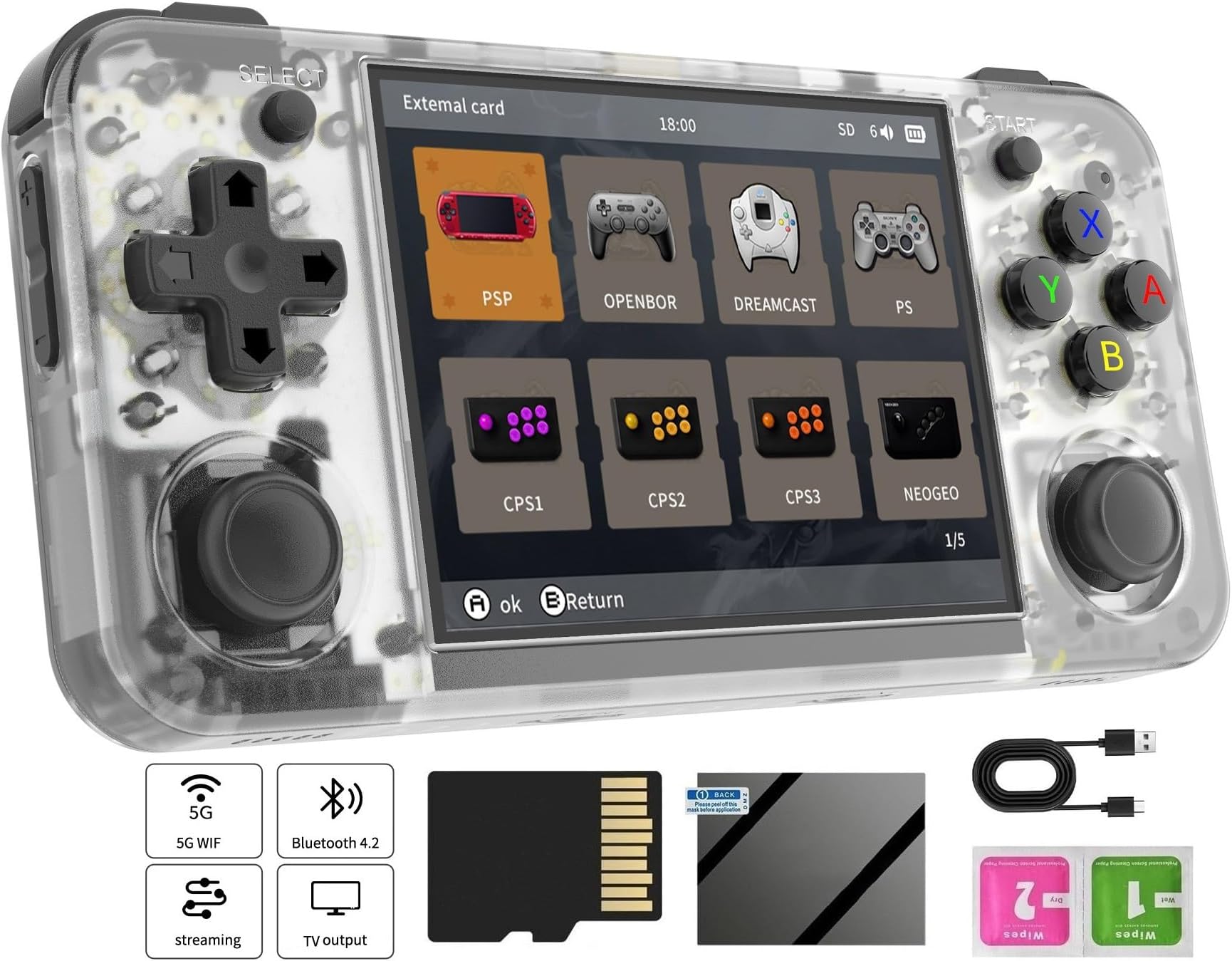 RG35XX H Retro Handheld Game Console , 3.5 Inch IPS Screen Linux System Built-in 64G TF Card 5528 Games Support TV Output (Transparent White)