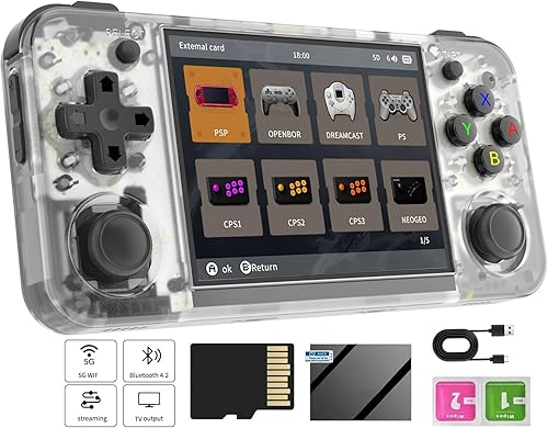 Consola de juegos portátil retro, pantalla IPS de 3.5 pulgadas, sistema Linux, tarjeta TF de 64GB, 5528 juegos, compatible con salida de TV HDMI,