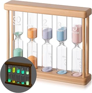 Halloscume 5 Pcs Glow in the Dark Sand Timer 0.5/1/2/3/5 Wooden Hourglass | Glass Hourglass Wood Frame, Luminous Sand Glows in Dark, Home Office Classroom Cooking, Creative Timing Tools for Decor