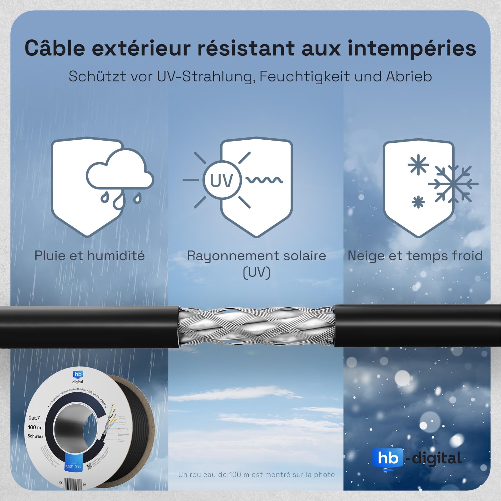 HB-DIGITAL 50m Câble Réseau Extérieur Cable Ethernet RJ45 CAT 7 - Câble d'Installation Blindé S/FTP - Double Blindage PiMF - Cuivre Pur AWG23 - max. 1000MHz 10Gbps - Extérieur PE - Noir