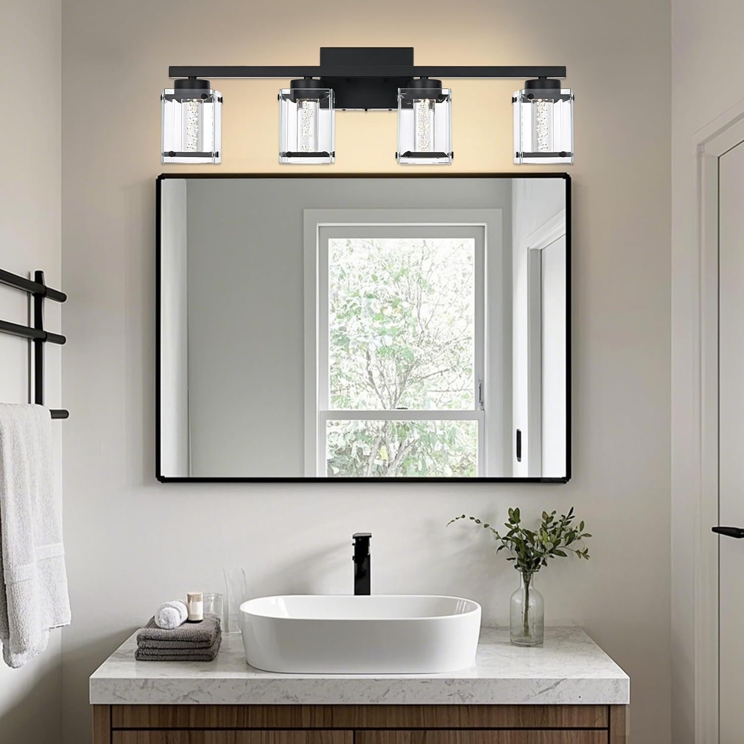 VINLUZ Modern Vanity Light 4-Light Black LED Vanity Lights Fixture,Crystal Bubble Bathroom Lighting Fixtures Over Mirror Wall Sconce for Bedroom Living Room