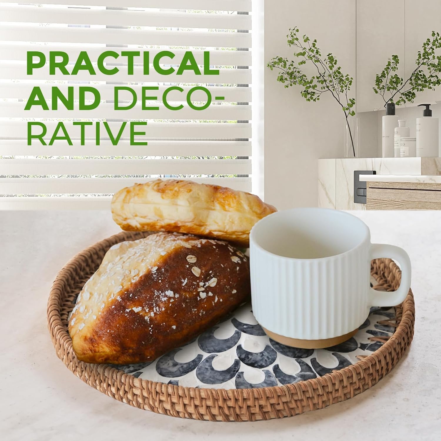 Decorative Round Rattan Tray with Mother of Pearl Inlay & Wooden Base for Table Decor, Home Decor, Boho Decor, Food Display & Storage - Perfect for Coffee Bread, Fruits & More (Plume Design)