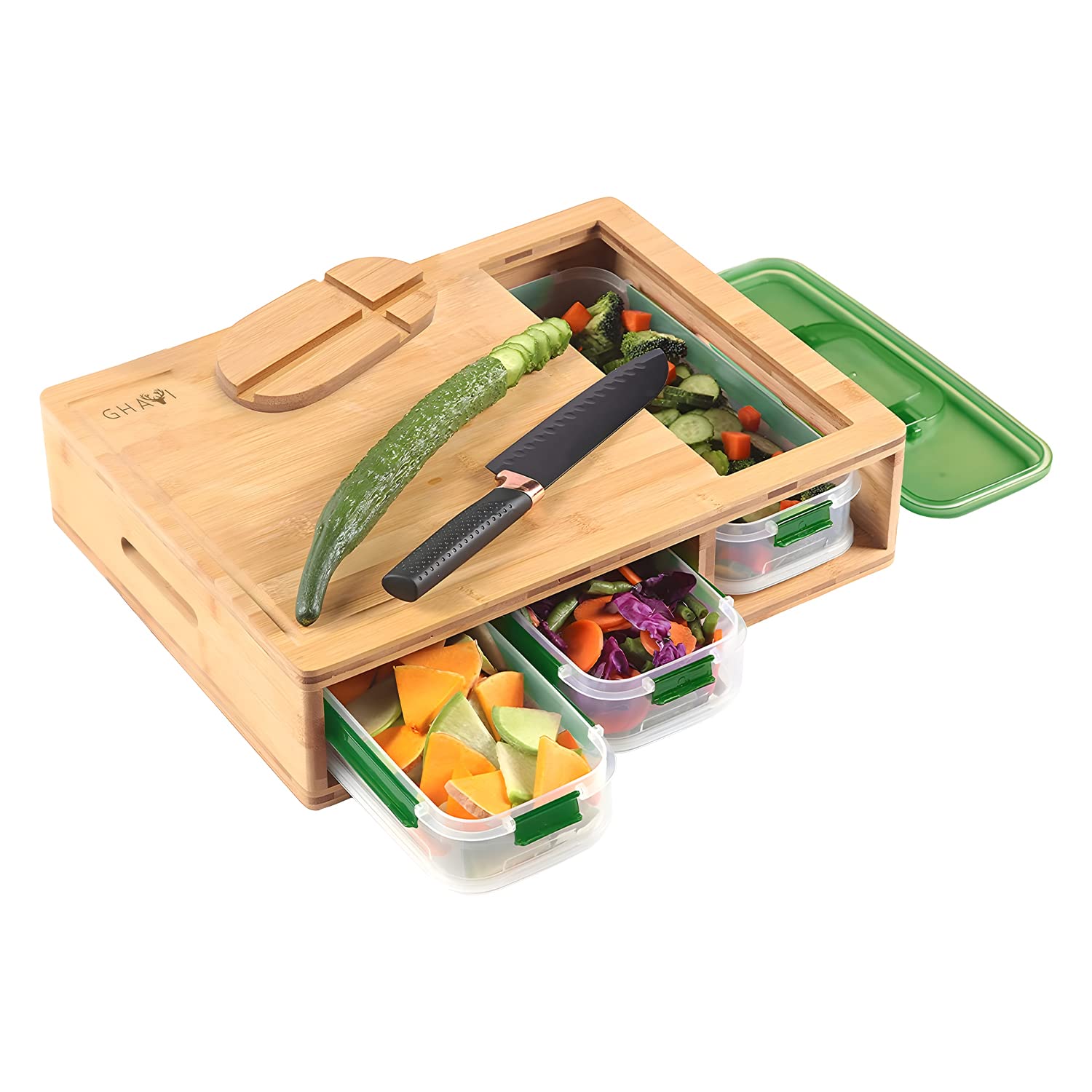 GHAWI Kitchen Cutting Board with 3 Containers, Locking Lid, Large Wood Chopping Board With Juice Grooves, Perfect For Meal Prep & Clean-up, Stackable Storage Box, (42.5x32x10cm)