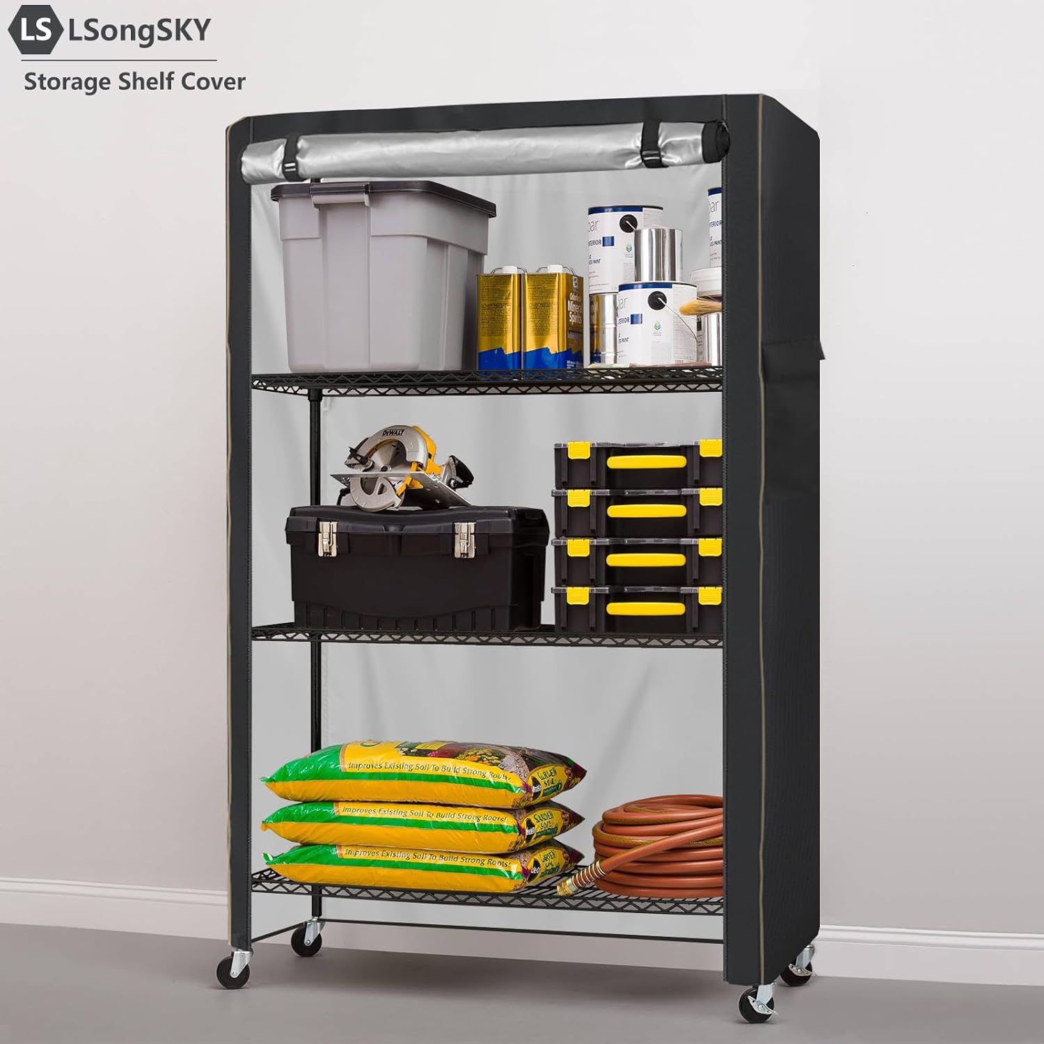 Shelf Cover Waterproof,Shelf Covers for Wire Shelving,Waterproof Heavy Duty Storage Shelves Cover,Keep Garage,Closet,Kitchen,Yard Neat,Fits Racks 60"W x 24"D x 72"H,Black
