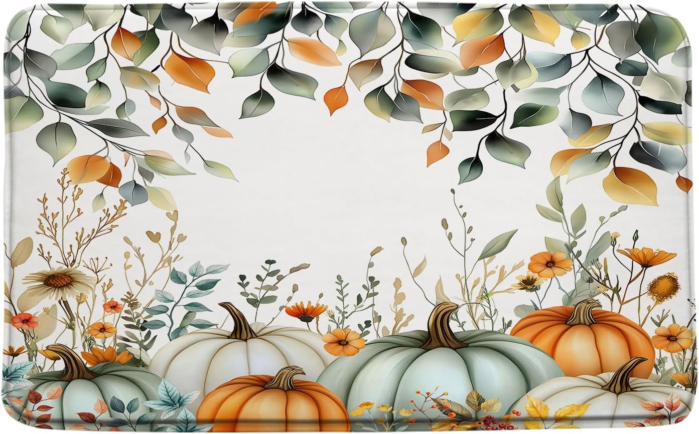 Fall Pumpkin Leaves Bath Mat Thanksgiving Pumpkins Watercolor Eucalyptus Leaf Autumn Harvest Floral 24"x60" Microfiber Memory Foam Bathroom Kitchen Toilet Floor Decor Mat