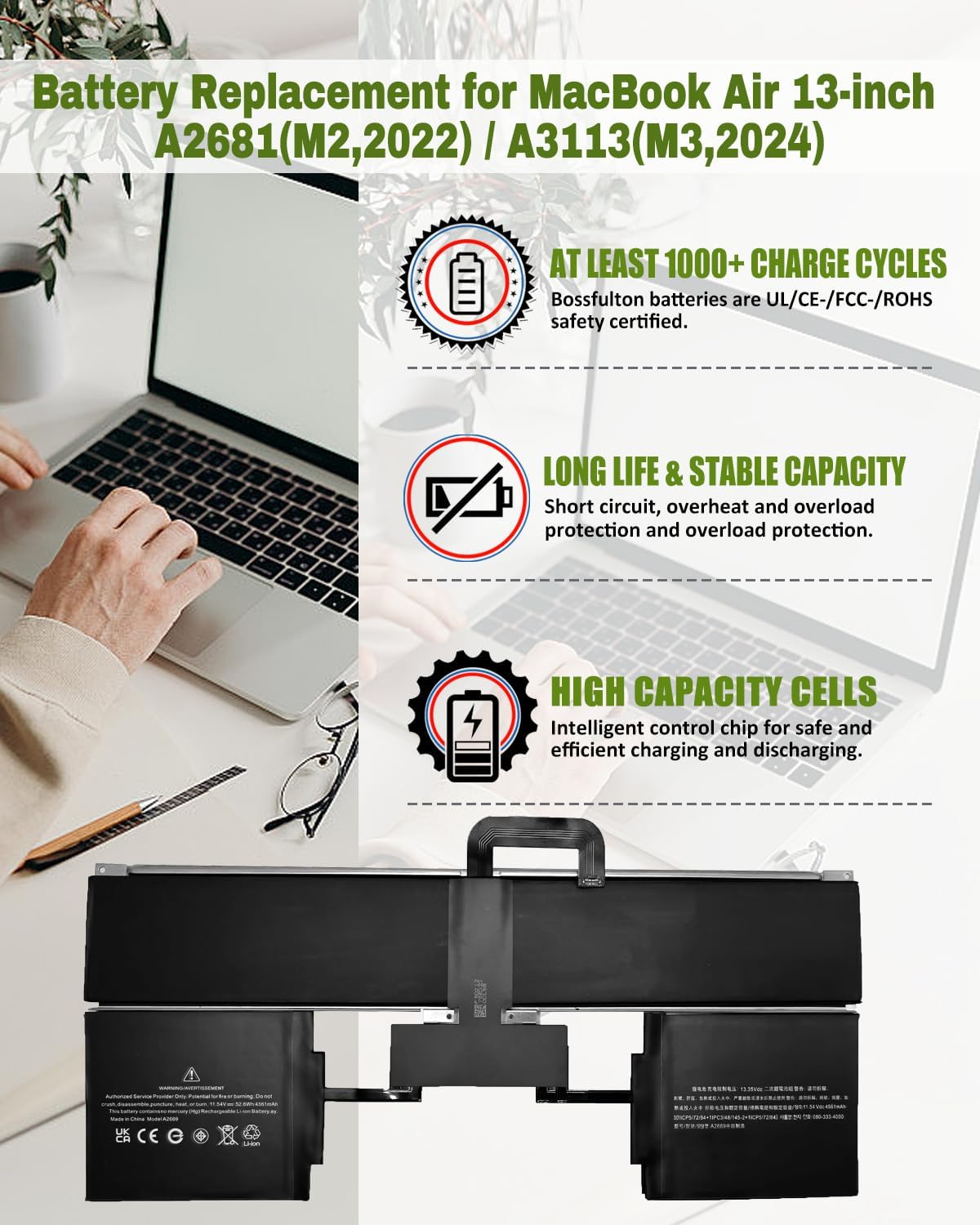 A2669 A2681 Battery Replacement for MacBook Air 13" (M2 2022), A2681 (EMC 4074) 661-26150 MLY33LL/A MLY43LL/A Series Notebook - 52.6Wh/4561mAh