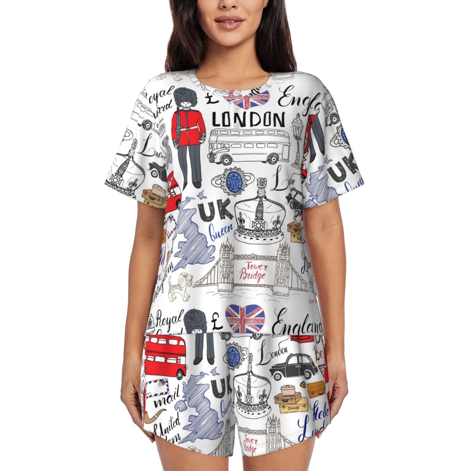 JBYJBX I Love London Women's Pajamas Set, Cotton Short Sleeve Sleepwear Top Shorts Pjs Sets Soft Loungewear, Black, Medium