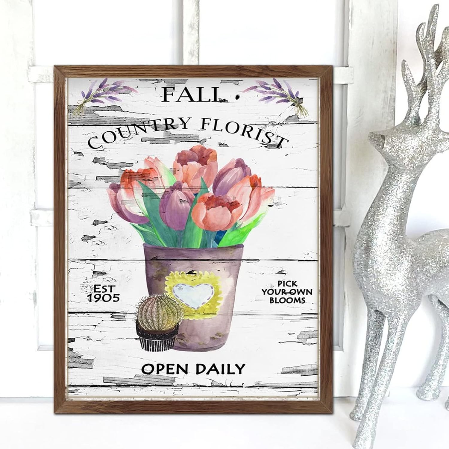 Country Florist Open Daily Framed Wooden Sign Fresh Purple Orange in Vase Wooden Wall Sign Retro French Floral Wall Art Hanging Decorative for Living Room Bedroom Front Door Office 20x16inch