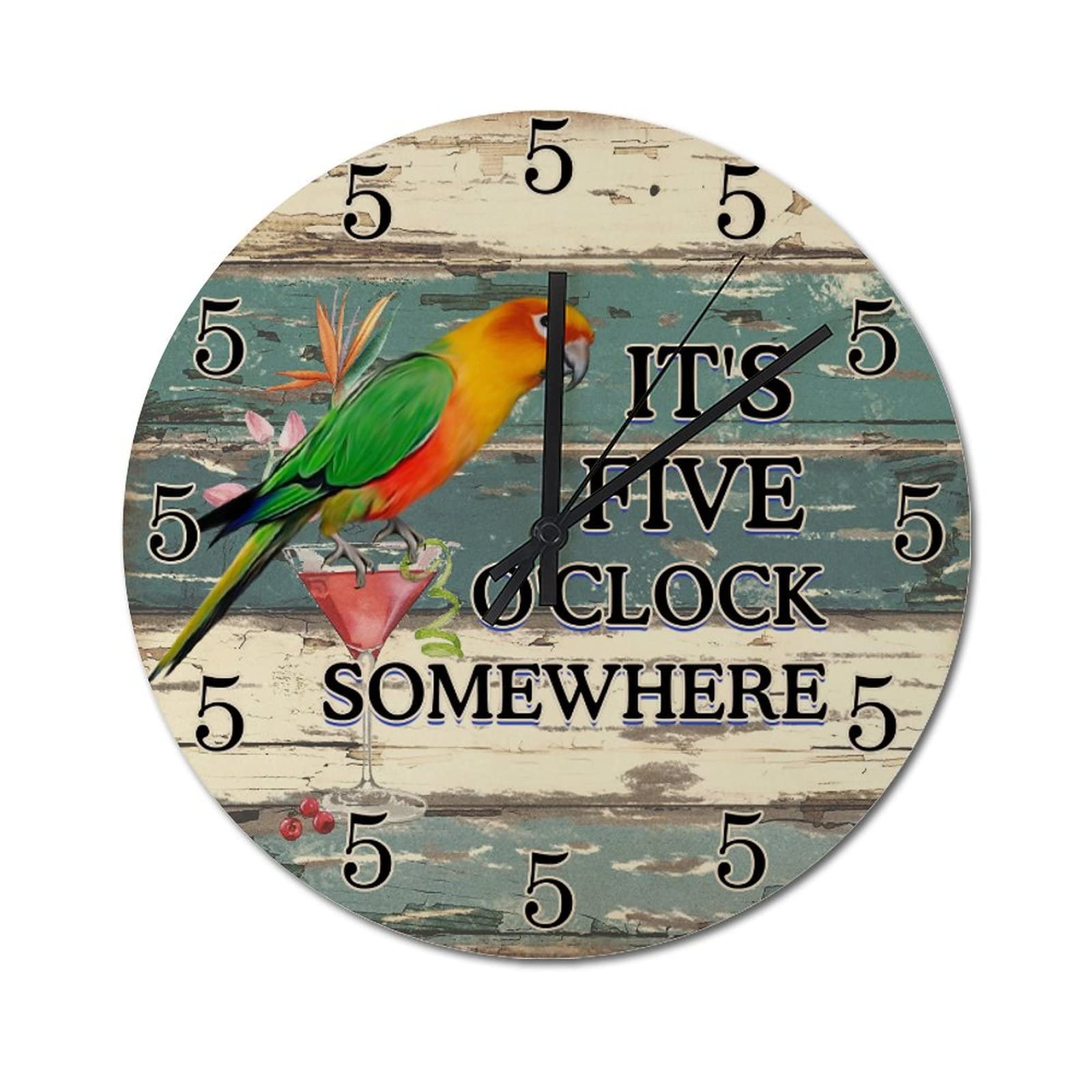 Horloge murale rustique vintage au design perroquet et martini en grand format