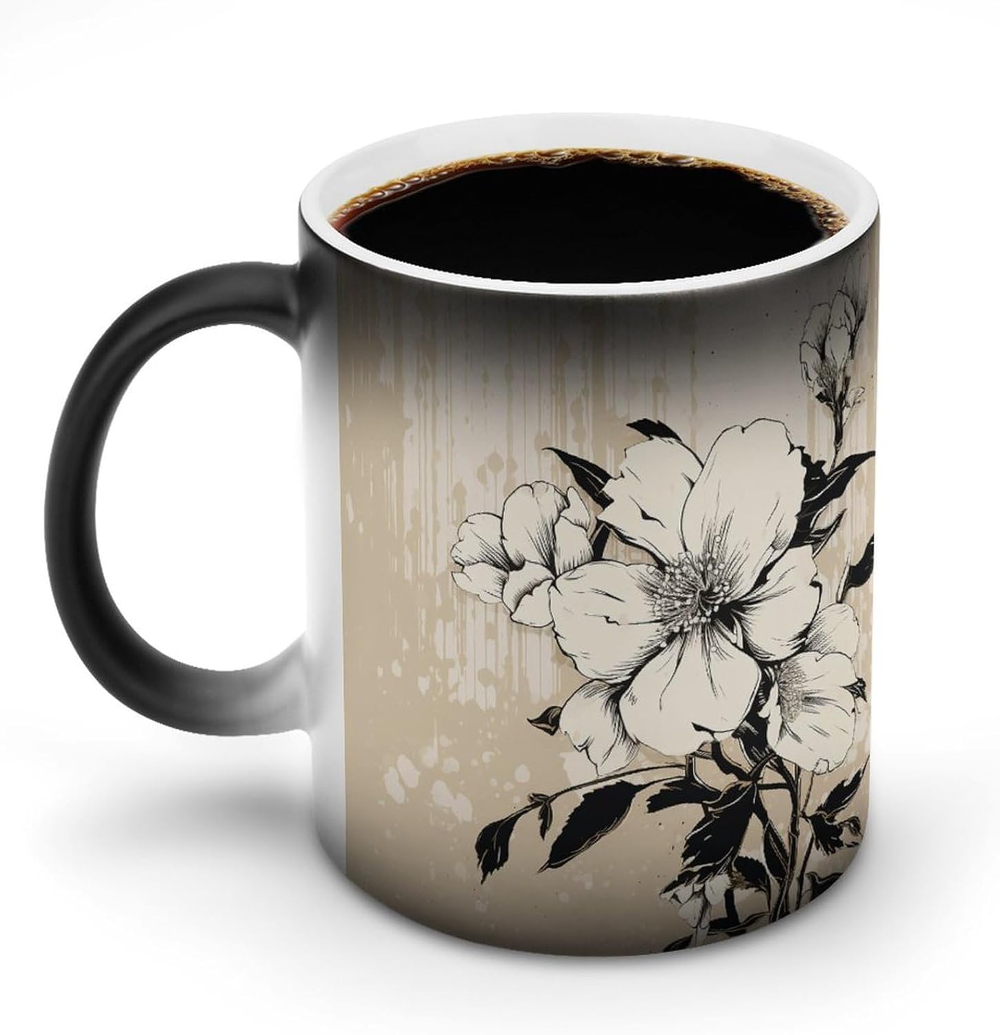 Color Changing Cups,Beige Floral Pattern Printed 11 Oz Ceramic Cups for Birthday Men Women