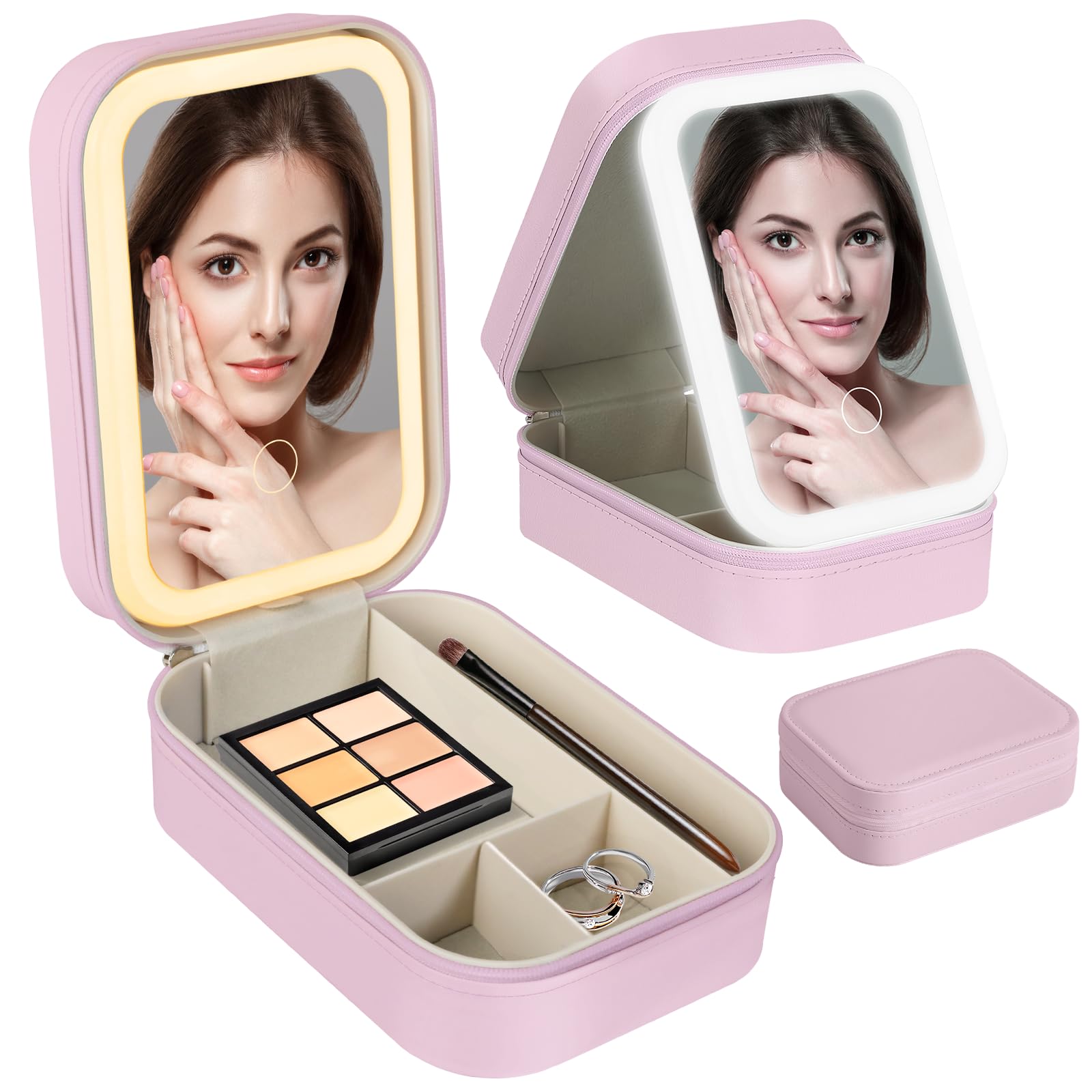 HNCY Maletín Maquillaje con LED Espejo, Neceser Maquillaje Viaje con 3 Luces de Relleno de Color, Portátil Maletín Maquillaje Impermeable,Neceser Maquillaje con Espejo y luz,Estuche Maquillaje Mujer(Rosa)