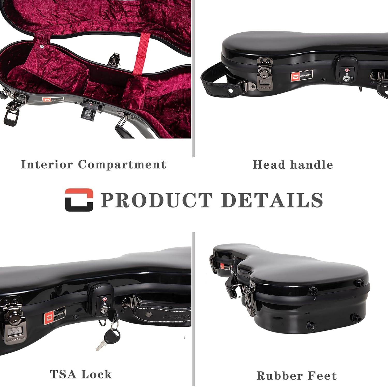 Crossrock Concert Ukulele Case - 100% Fiberglass Hardshell with Brand Latches, TSA Lock, Accessory Compartment, and Detachable Straps-Black (CRF2030CUBK) image 5