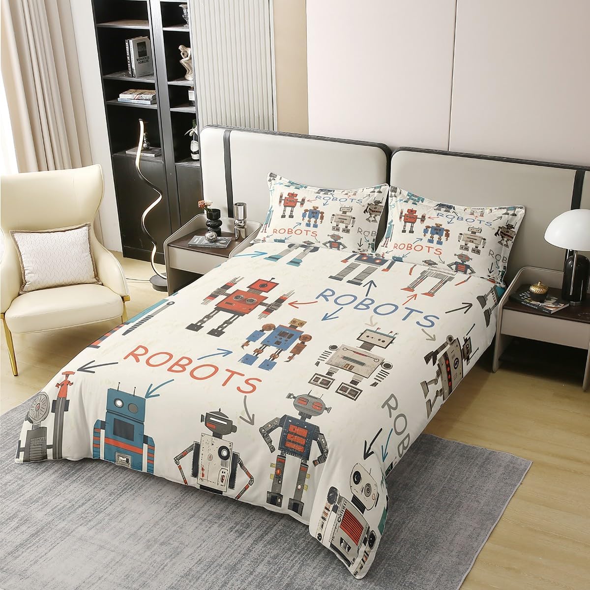 Cartoon Super Robot Bedding Set Twin Size Vintage Machine Comforter Cover for Boys Girls Watercolor Sci-Fi Robot Bed Set Pastel Beige Khaki 100% Cotton Duvet Cover with 1 Pillowcase(No Comforter)