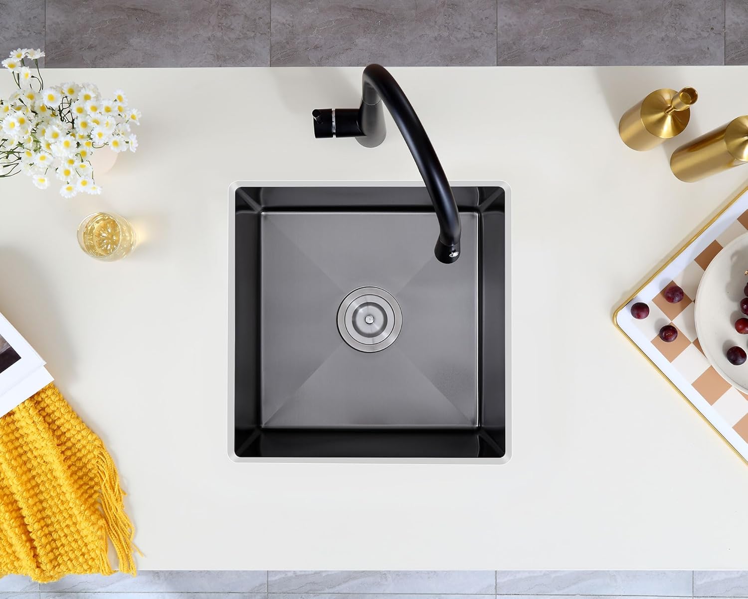 Black 18 inch Undermount Kitchen Sink - TSIBOMU 18 Gauge Stainless Steel 9" Deep Single Bowl Basin Undermount Kitchen Bar Sink, D18"xW18"xH9"
