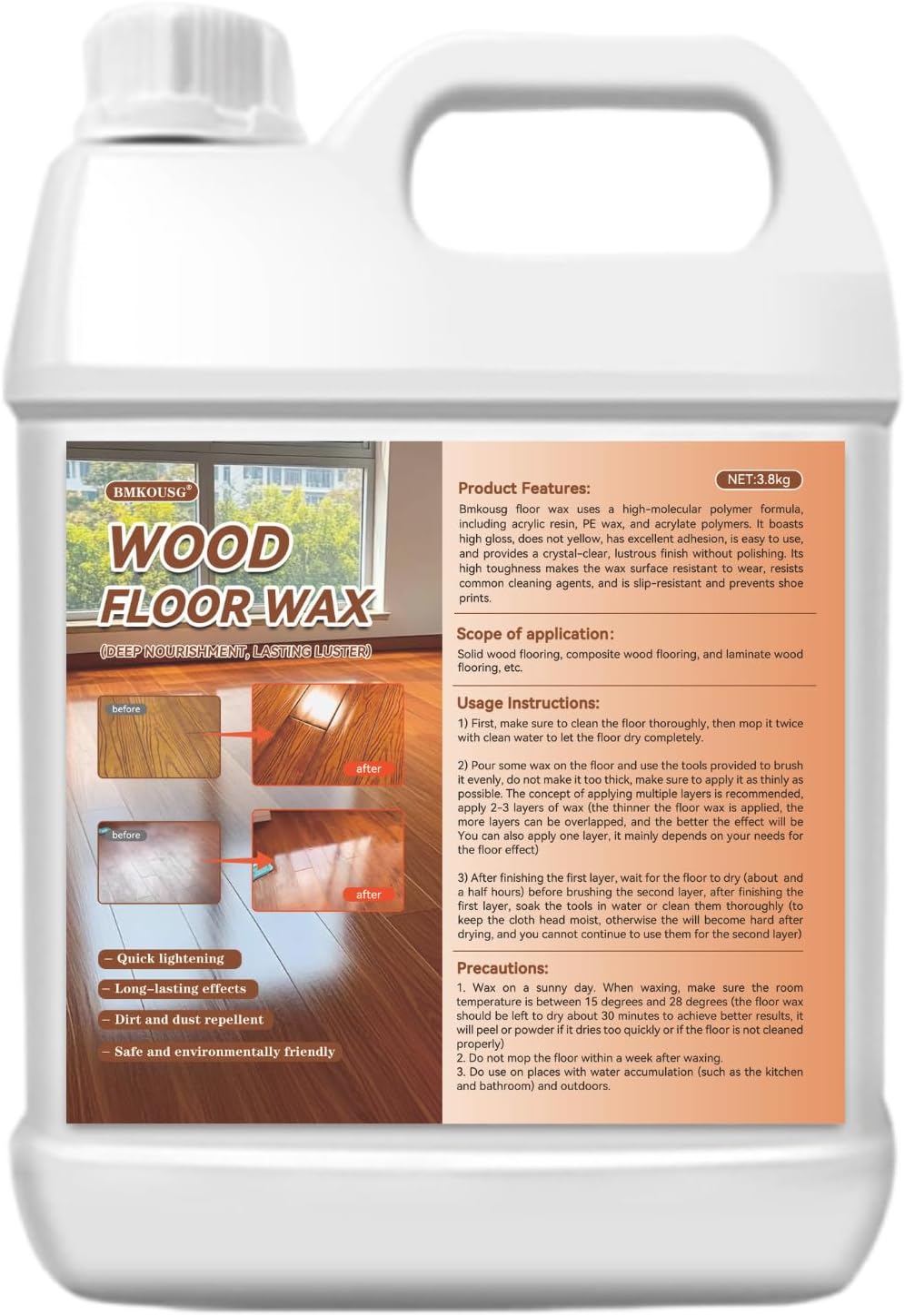 Hardwood Floor Luster-Polish 1 Gallon | Floor Polish - Long Lasting Shine, Slip-resistant & Dust-proof, Sturdy and Wear-resistant, for Solid Wood, Composite wood, Bamboo, Flooring, Furniture