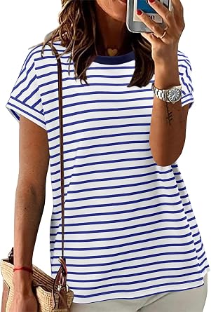 KISSMODA Womens Short Sleeve Shirts Casual Striped Tshirts Basic Tee Tops Summer Fashion Colorblock Clothes