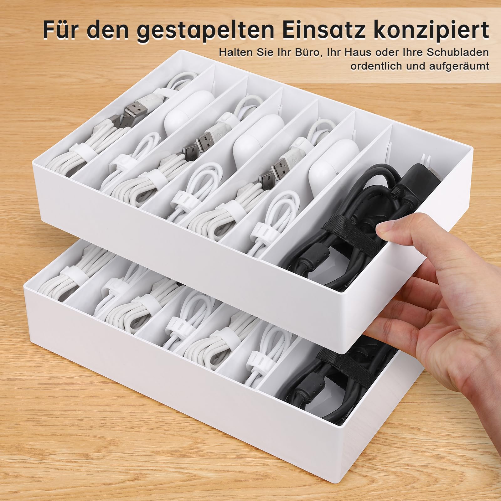 PAVSTINE Datenkabel-Organizer ohne Abdeckung Großer 2er-Pack, Kabelbox Weiß mit Verstellbaren Fächern, Kabel Organizer mit 14 Kabelbindern zur Aufbewahrung von Schreibwaren, Batterien und Ladekabeln