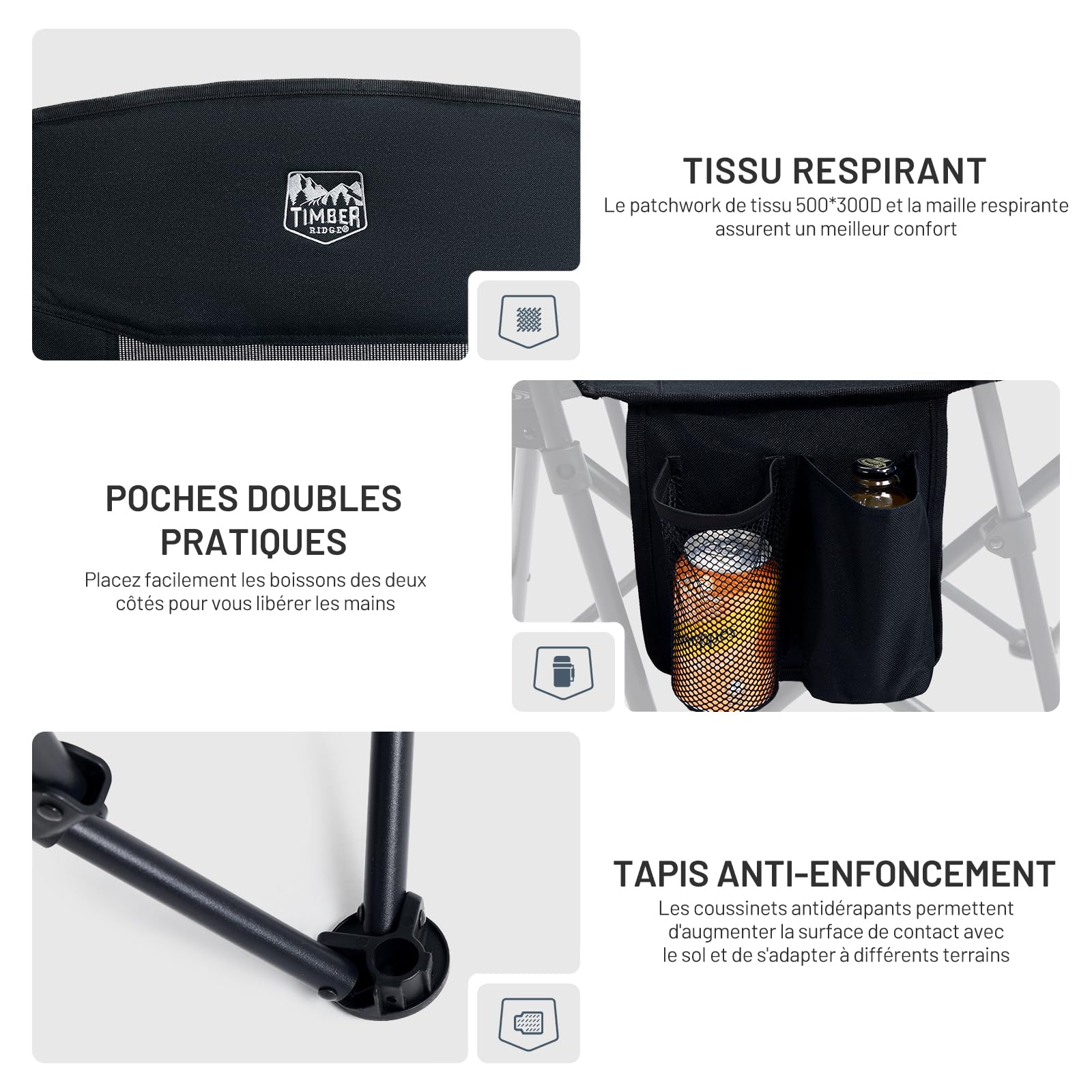 TIMBER RIDGE Chaise de Camping Pliante pour Adultes 150kg Chaise de Plage Légère Fauteuil L'extérieur Dossier en Maille Confortable pour Camping Festival Pêche Jardin
