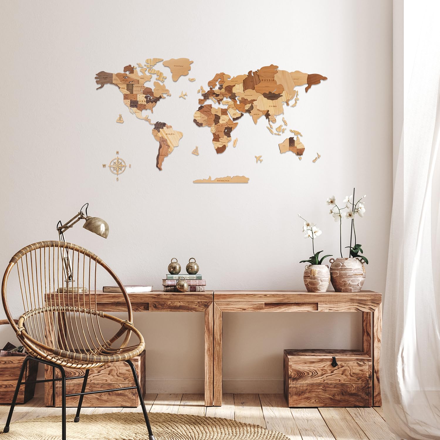 Creawoo Mapa del Mundo 3D de Madera para Decoración de Pared, Grande Mapamundi Maciza Natural Multicapa Arte de Pared para Oficina Sala de Estar Dormitorio, Mapamundi de Viaje de Madera-100x57cm