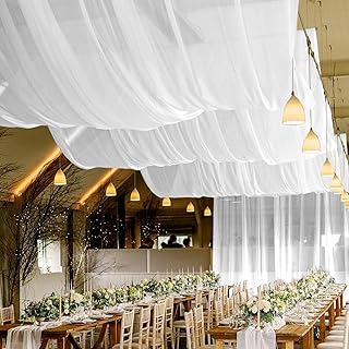 2 Panels White Ceiling Drapes for Wedding Ceiling Drapes 5ftx40ft Ceiling Draping Fabric Gauze Curtains Cheesecloth Drapery Draping Wedding Ceiling Decorations for Party Ceremony Stage Swag