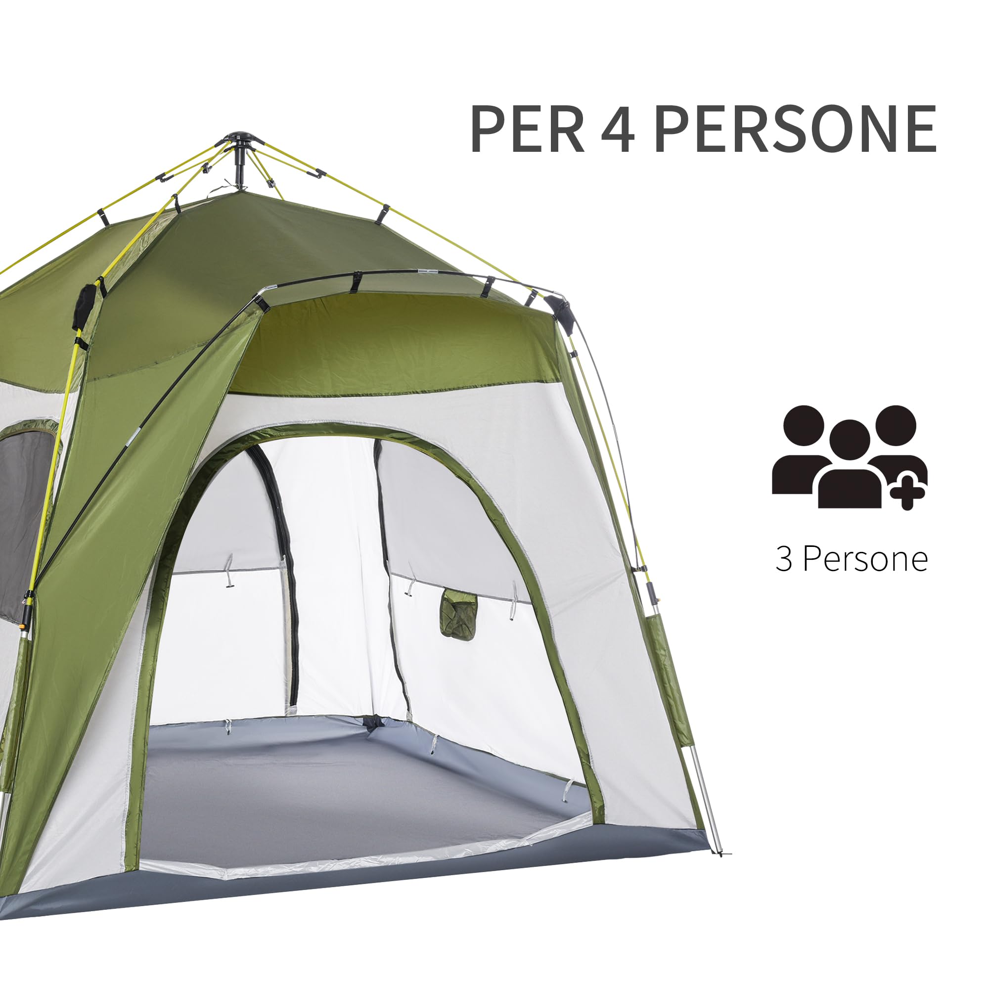 Outsunny Tenda Campeggio 3 Posti, Tenda a Igloo Pop Up con 4 Porte a Cerniera e 4 Finestre a Rete, Sacca di Trasporto Inclusa, Protezione UV, 240x240x199cm, Verde