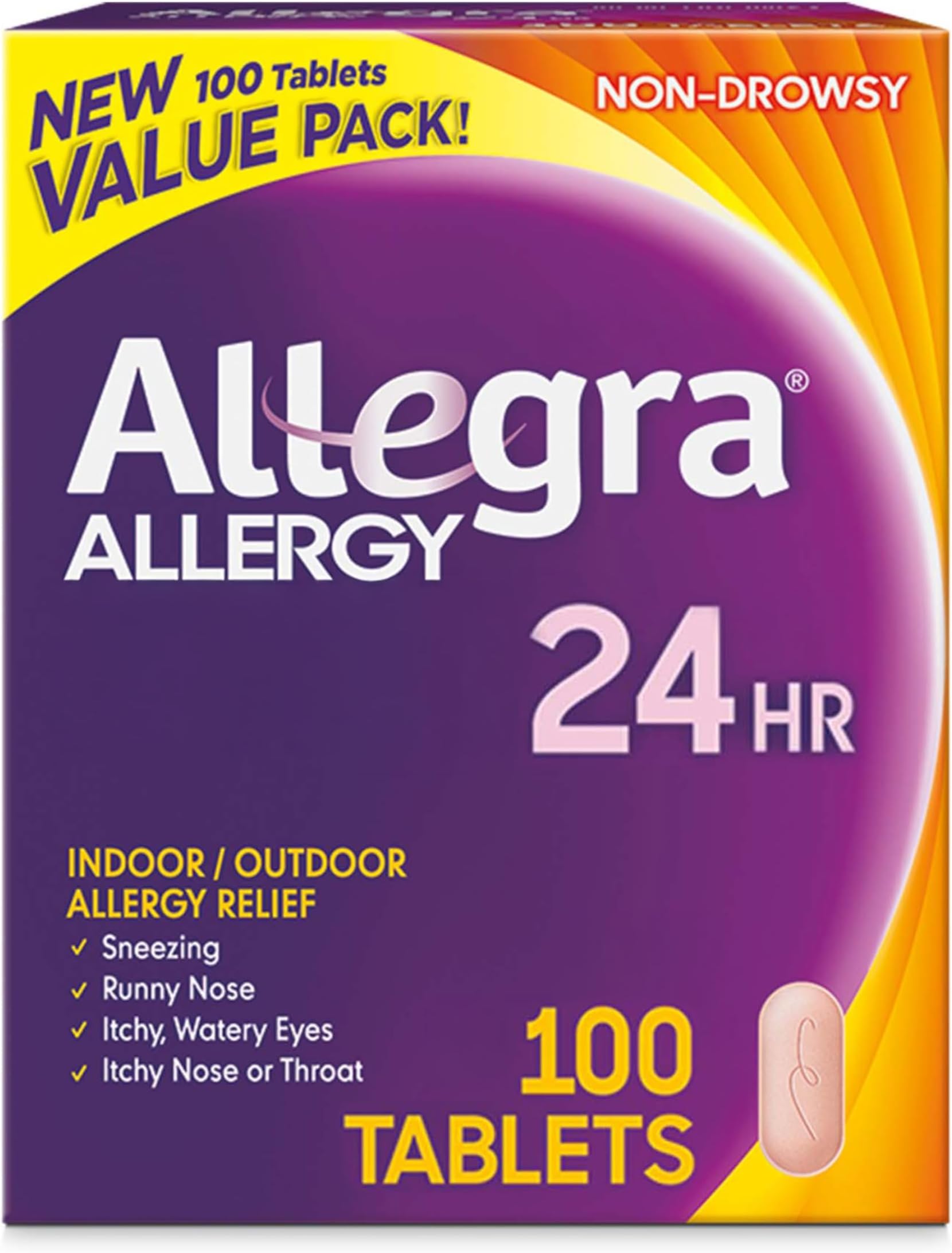 Adult 24-Hour Allergy Relief Tablets, Non-Drowsy Indoor and Outdoor Allergy Medicine, 180 mg Fexofenadine HCI Antihistamine Pill, 100-Count