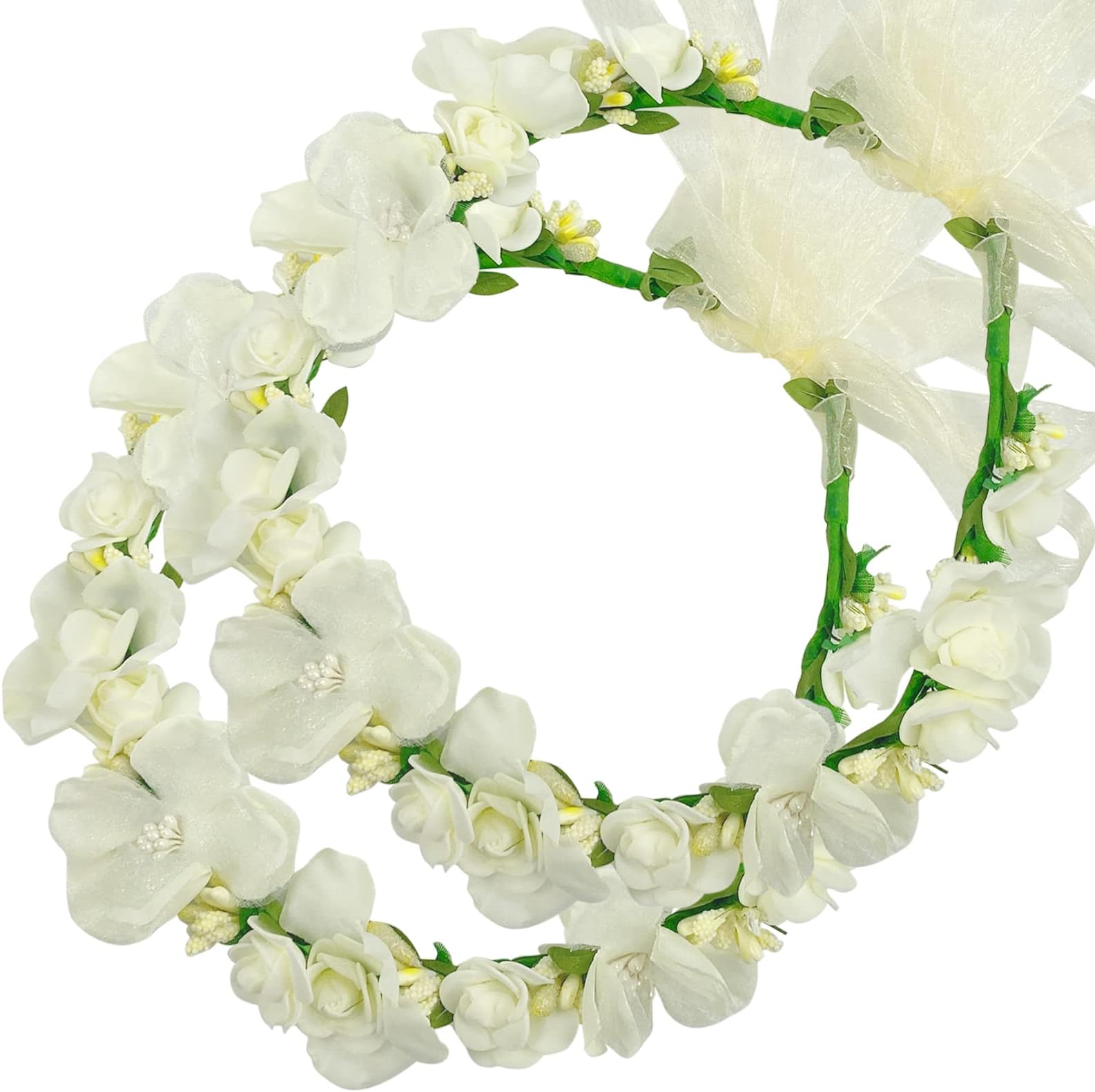 Flower Crown Headband Rattan Vine Wreath Garland Floral Wedding Bridal Hair Hoop Leaf Ribbon Party Decoration Headdress Headwear Christmas Handmade Headpiece Girls Kids Hair Accessories 2 Pack Beige
