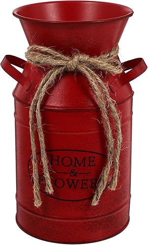 Cubo de flores de hierro con asa, maceta retro con cuerda de yute, jarrón francés vintage rojo con letra de flor para el hogar, contenedor de flores