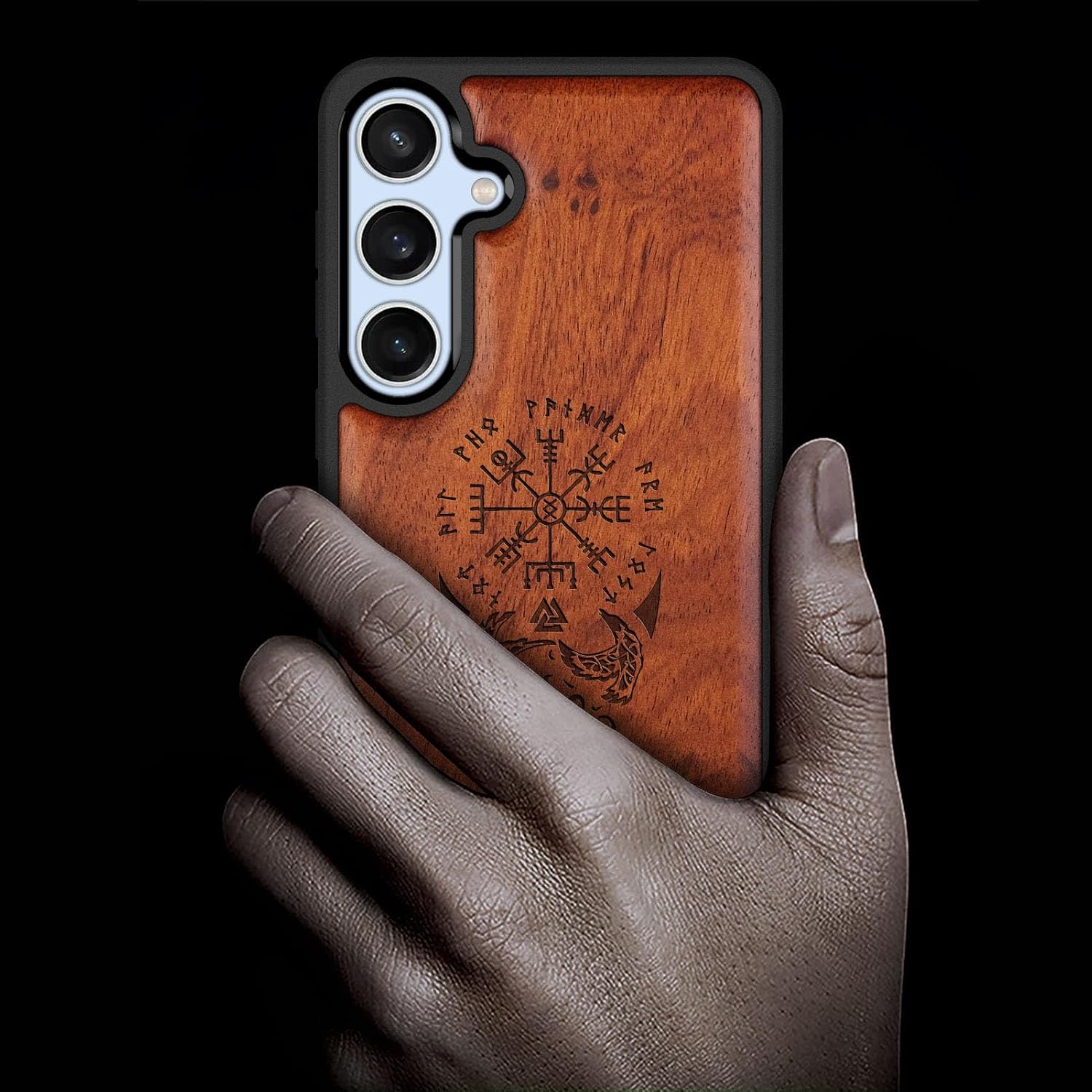 Carveit Wood Case for Galaxy S24 FE Case [Natural Wood & Black Soft TPU] Shockproof Protective Cover Unique Wooden Design Compatible with S24 FE (The Guiding Vegvisir-Rosy)