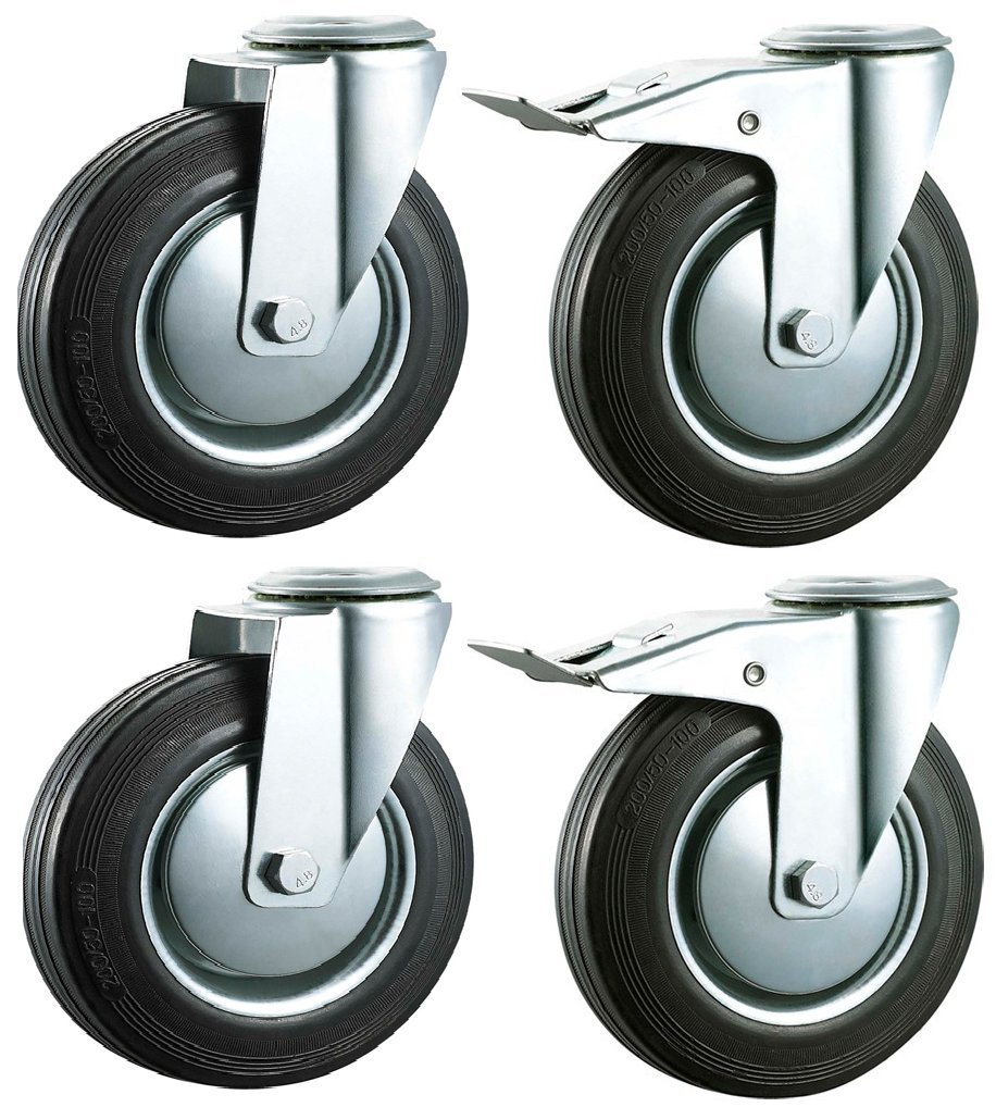 Buy 125mm Industrial Rubber Castors with Brakes Swivel Single Bolt