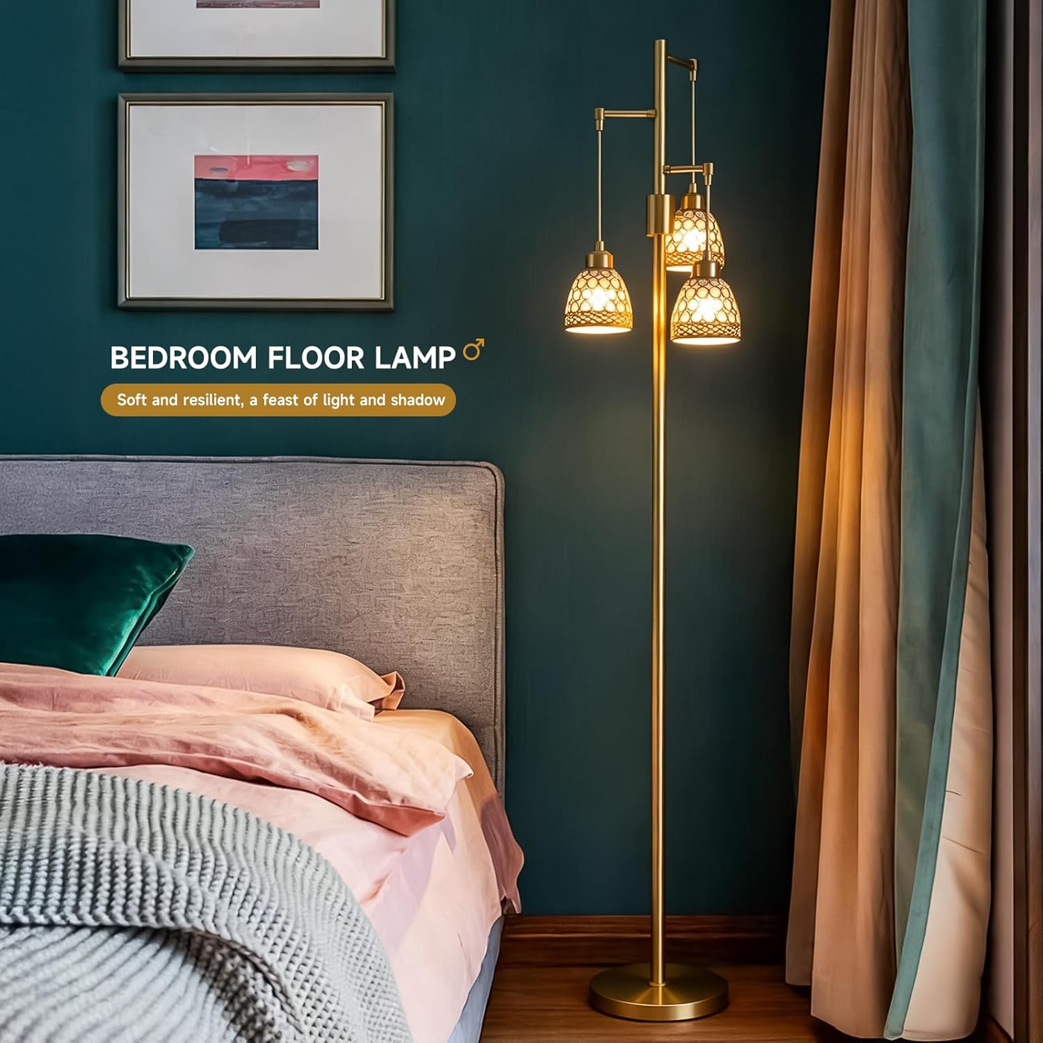 -Modern 3-Head Floor Lamp with Crystal Beads, Industrial Metal Standing Lamp Adjustable Hanging Light for Living Room-Gold