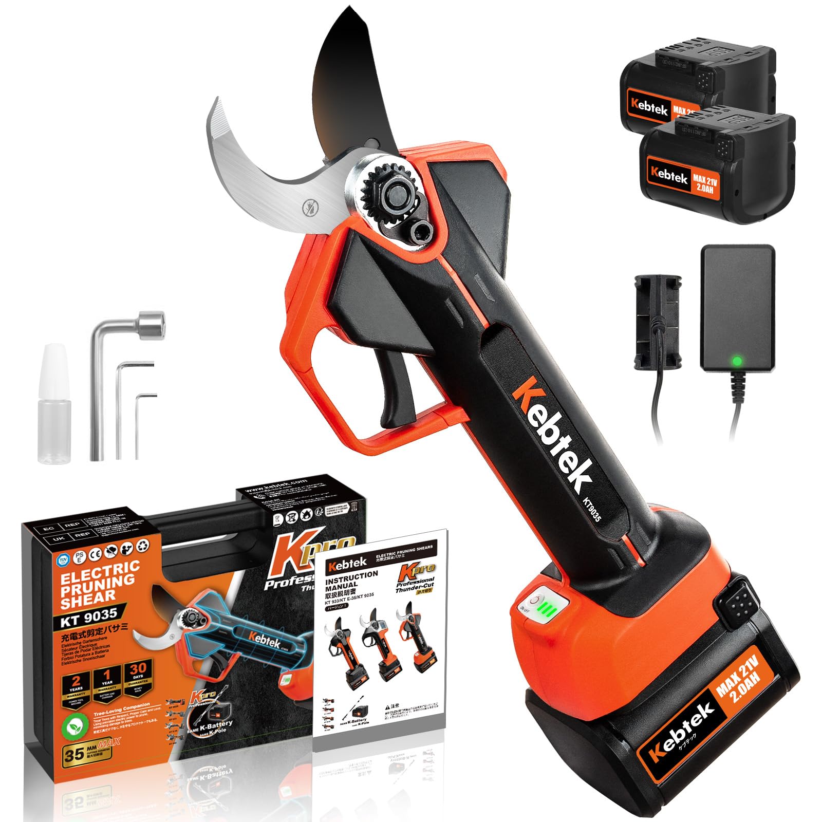 Kebtek 9035 Coupe-branches sans fil léger 35 mm Ciseaux électriques de jardin 21 V 4000 mAh Batterie Ciseaux de jardin professionnels compatibles avec rallonge manche télescopique ciseaux à buis