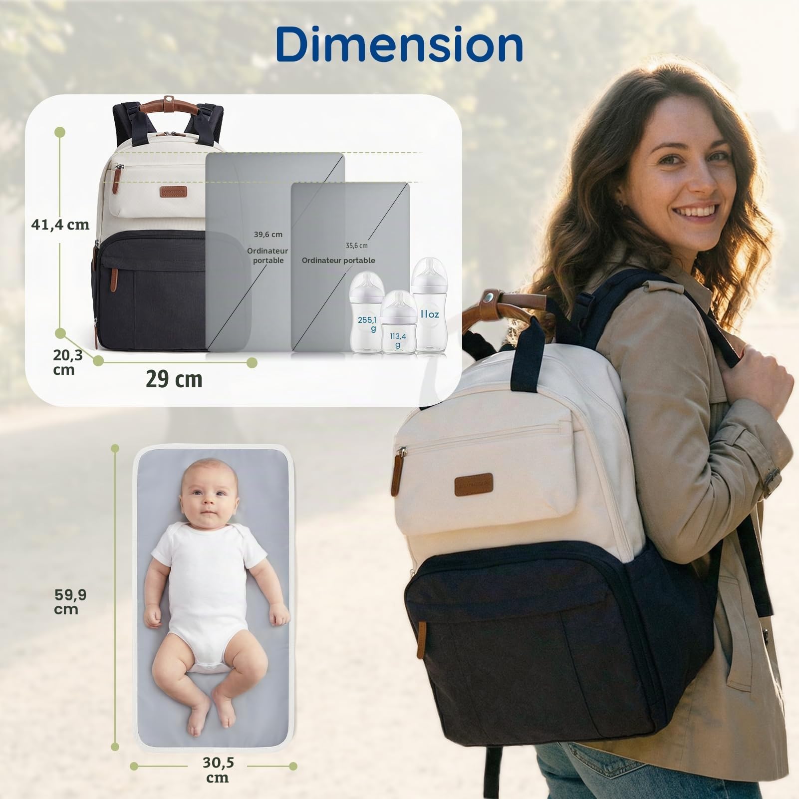 mommore Sac a Langer Bebe Grande Capacité – Inclut un Matelas à Langer, Sac pour Bébé Robuste avec Attaches pour Poussette, Sac à Dos à Langer de Voyage Imperméable pour Les Parents, Noir