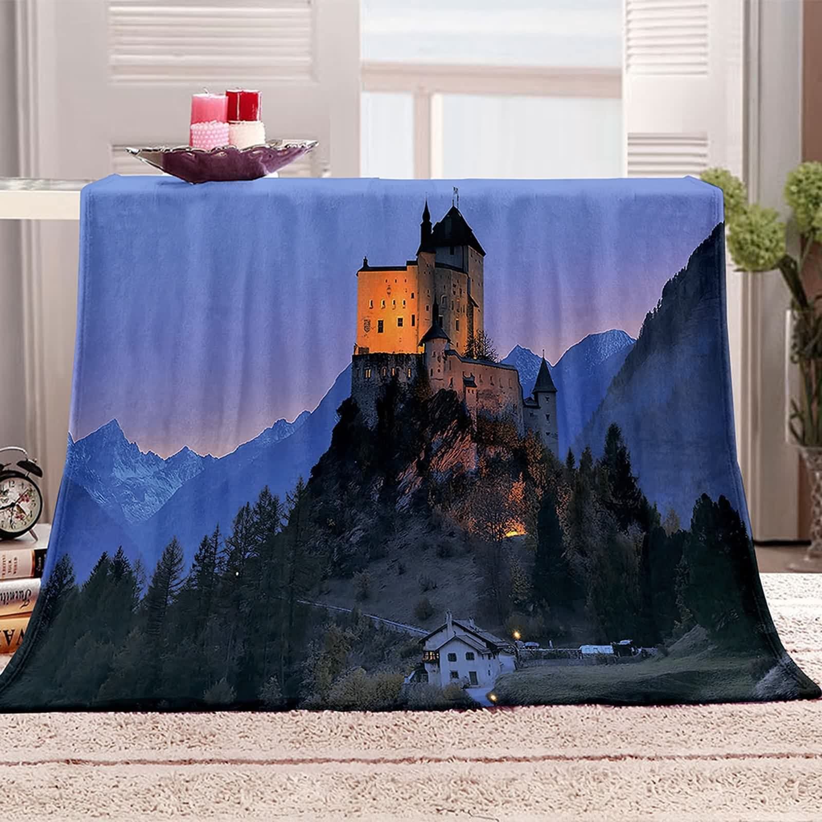 Coperta Invernale Flanella,Coperta Invernale da Divano Motivo di Montagna e Castello Blu Scuro Verde Coperta Invernale 150x200cm