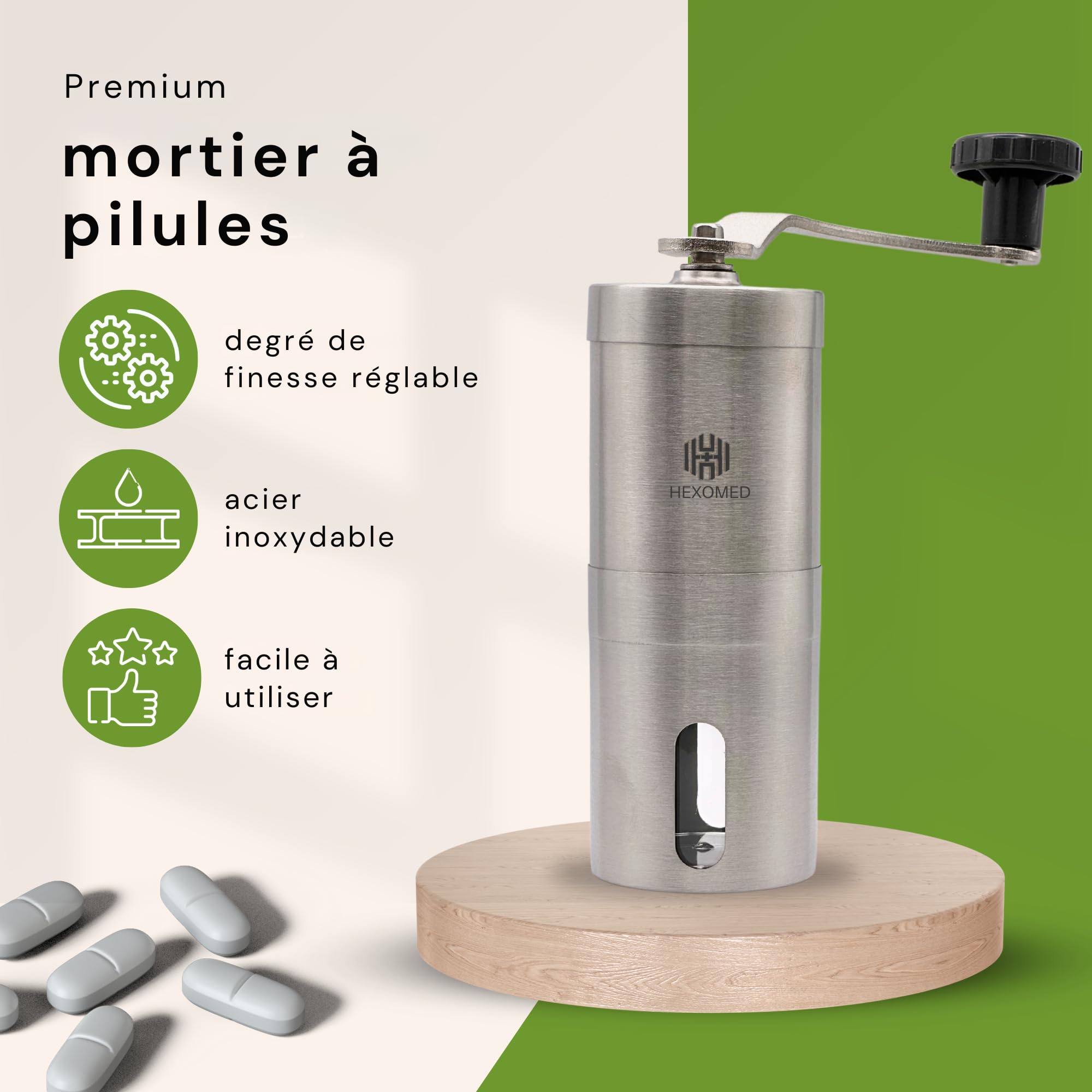 Broyeur pilule HEXOMED en acier inoxydable – Broyeur médicament manuel pour adultes, enfants et animaux domestiques – Mortier médicament
