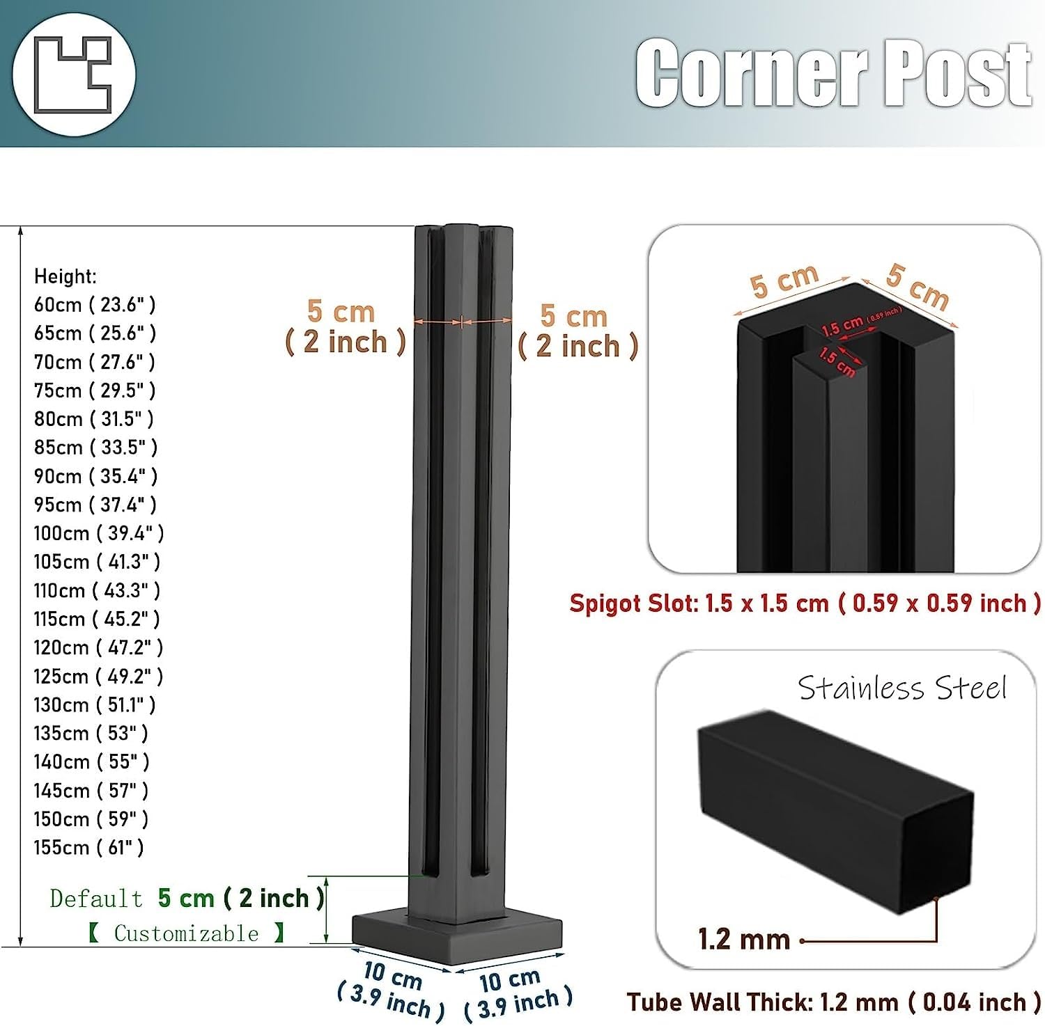 Regulowana szklana balustrada ze stali nierdzewnej od 60 do 130 cm ze wzmocnioną podstawą i słupkiem narożnym (75 cm), czarna