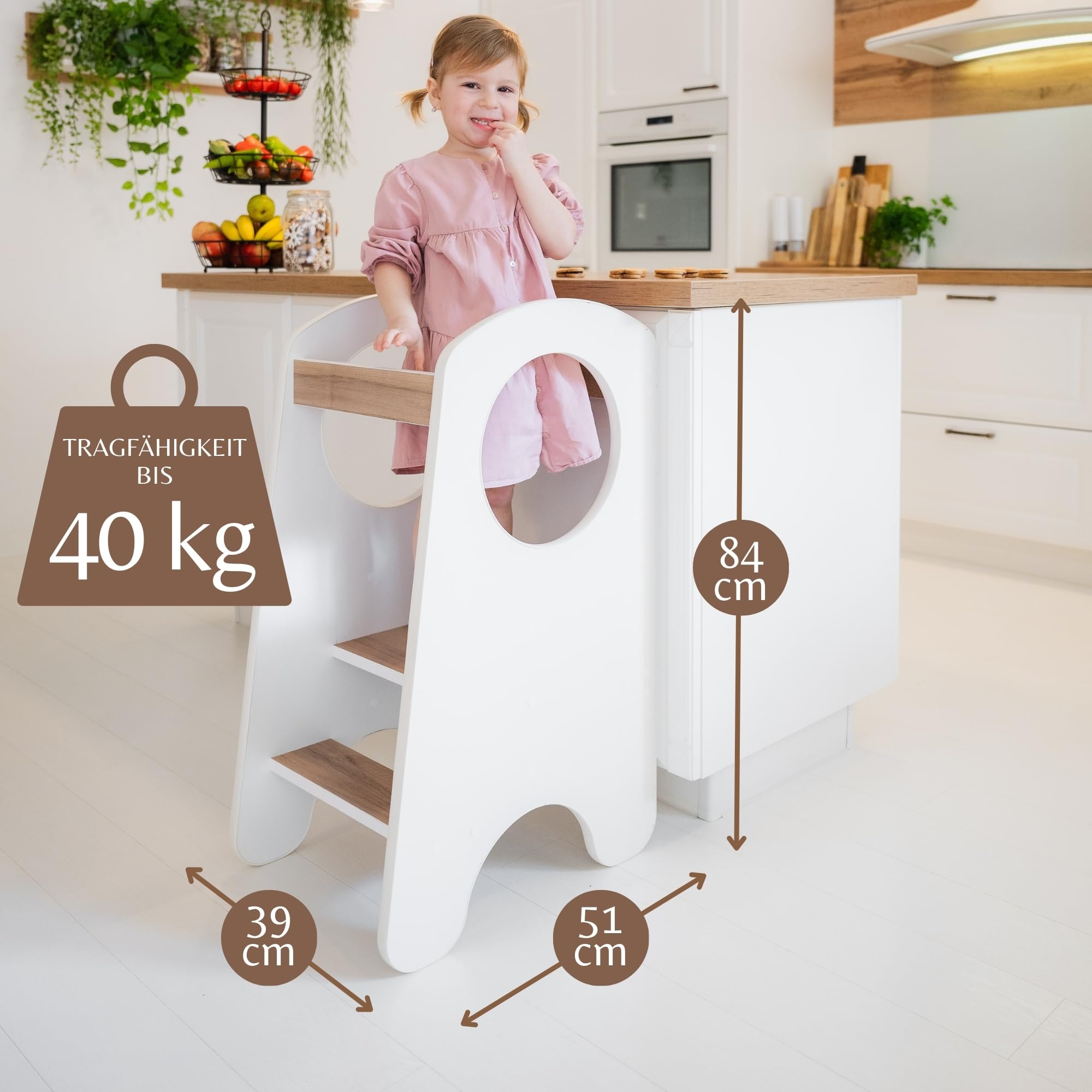 KIDIE Kinder Lernturm ab 1 Jahr, Montessori Höhenverstellbar Lernstuhl Baby, Toddler Learning Tower - Weiss