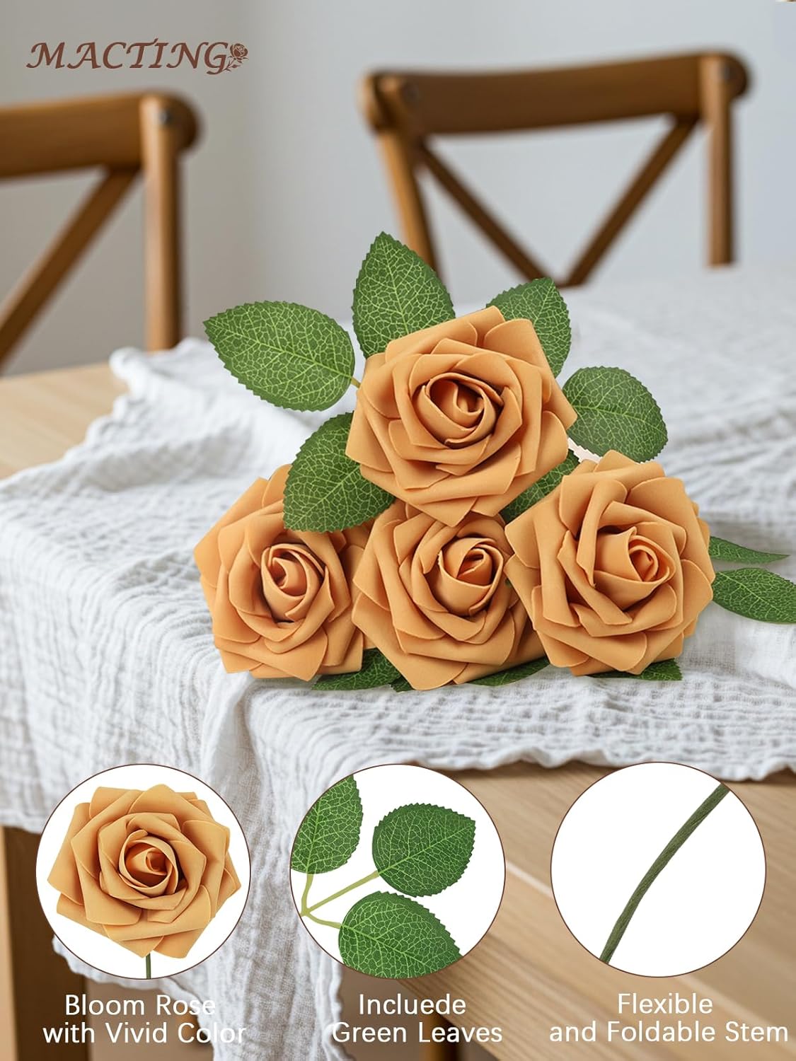 MACTING 60PCS Artificial Flower Roses Real Touch Fake Flowers with Stem Foam Roses for DIY Wedding Bridal Bouquet Table Centerpieces Party Holiday Home Valentines Day Decorations(Gold Yellow) - Image 4