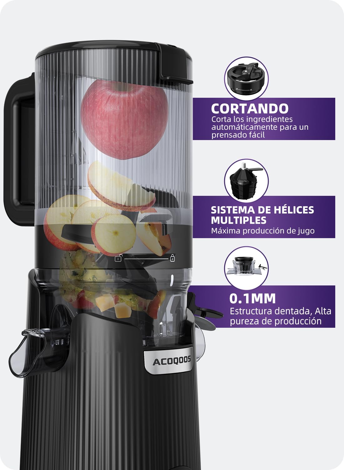 ACOQOOS Extractor de Zumos y Verduras con Tubo de Alimentación Ancho de 135 MM y Capacidad de 1,8 L, Licuadora Prensado en Frio para Frutas y Verduras Enteras, Negro