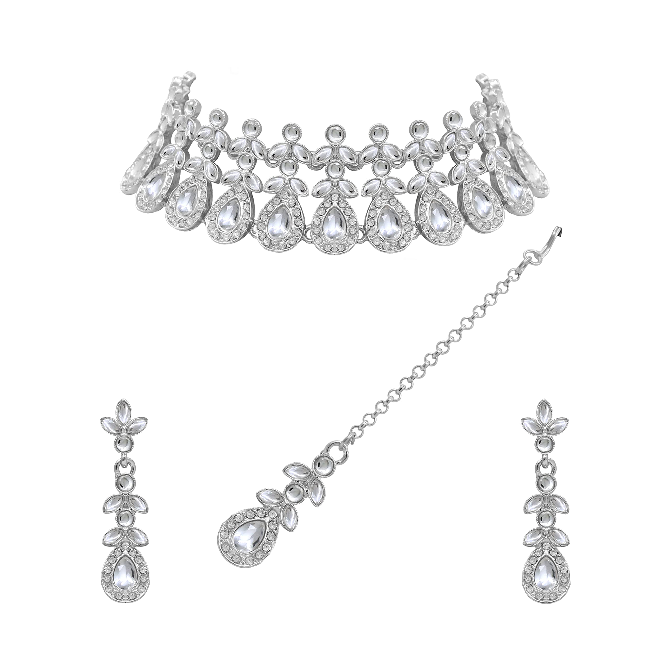 SAIYONI Women Attractive Beautiful Look Silver Plated Kundan Stone Choker Necklace Earring With Maangtikka Jewellery Set - Silver (B0BBH1TBZM) Amazon Price History, Amazon Price Tracker
