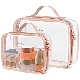 PACKISM Clear Makeup Bag - 2 Pack TSA Approved Toiletry Bag with Handle Large Opening, Clear Travel Bags for Toiletries, 1 Medium TSA Quart Carry-On & 1 Large for Checked Luggage, Rose Pink