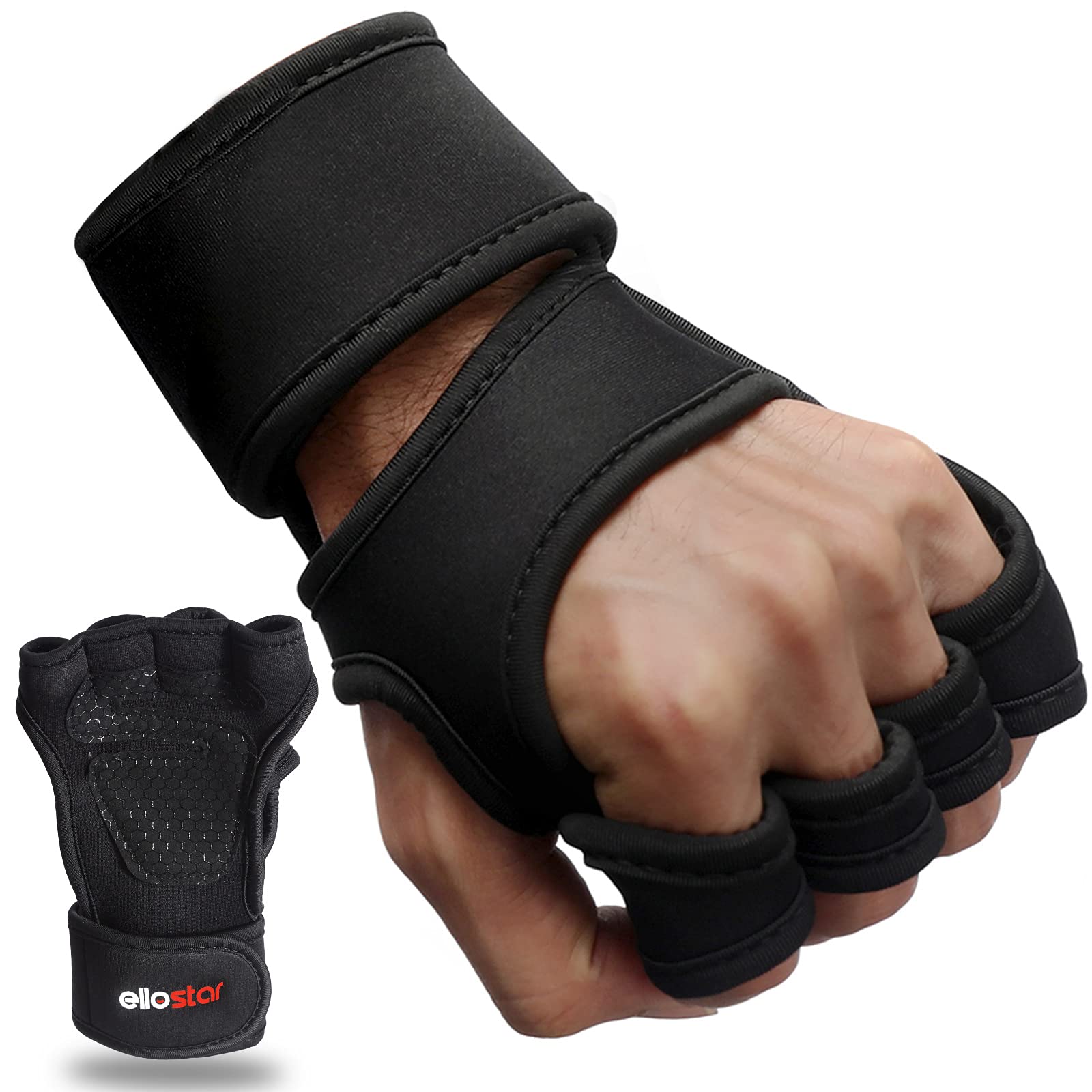 ellostarGym Exercise Gloves Weightlifting Powerlifting Gloves Sport Fitness Fingerless with Wrist Support - Silicone Anti-Slip Padding with Adjustable Strong Grip