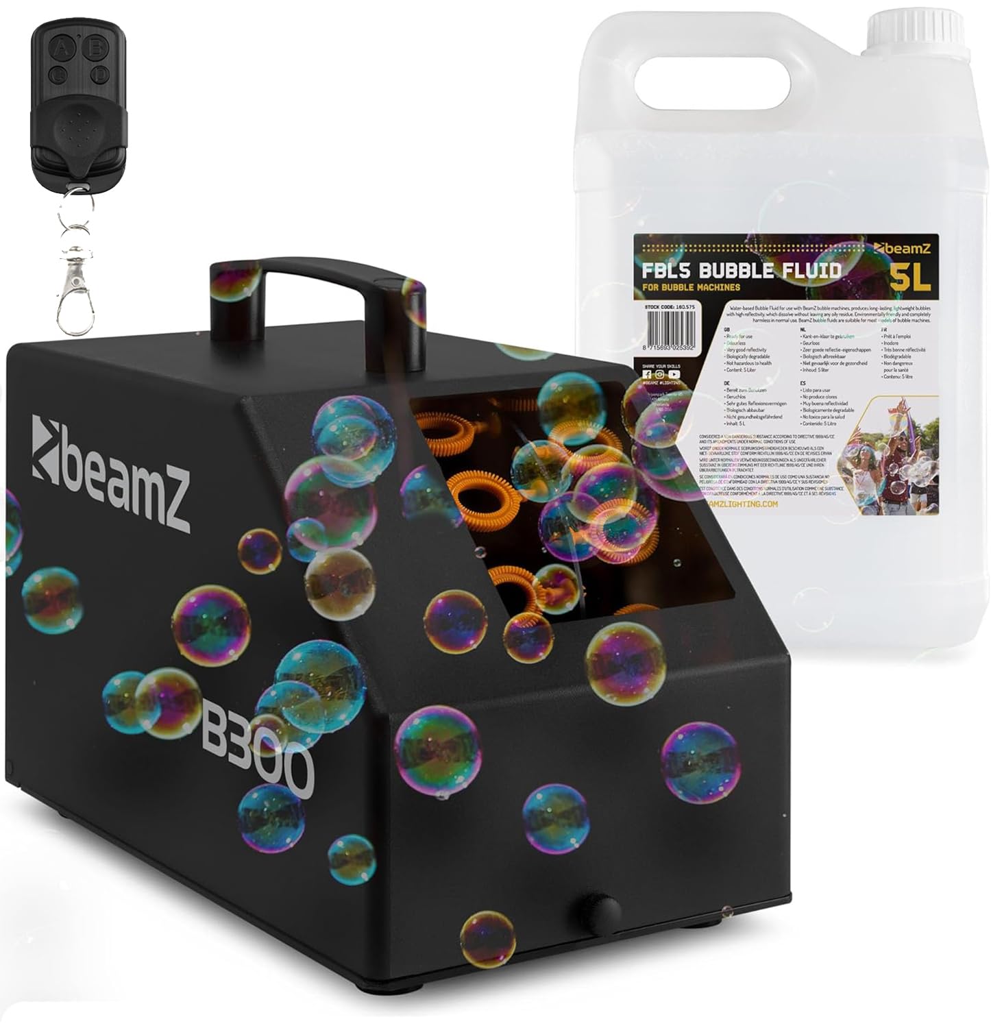 BeamZ B300 Seifenblasenmaschine mit 5L Flüssigkeit, Fernbedienung, 25 Watt, Luftblasenmaschine, Bubble Machine, 10.000 Bubbles pro Minute, Seifenblasen Hochzeit - Schwarz