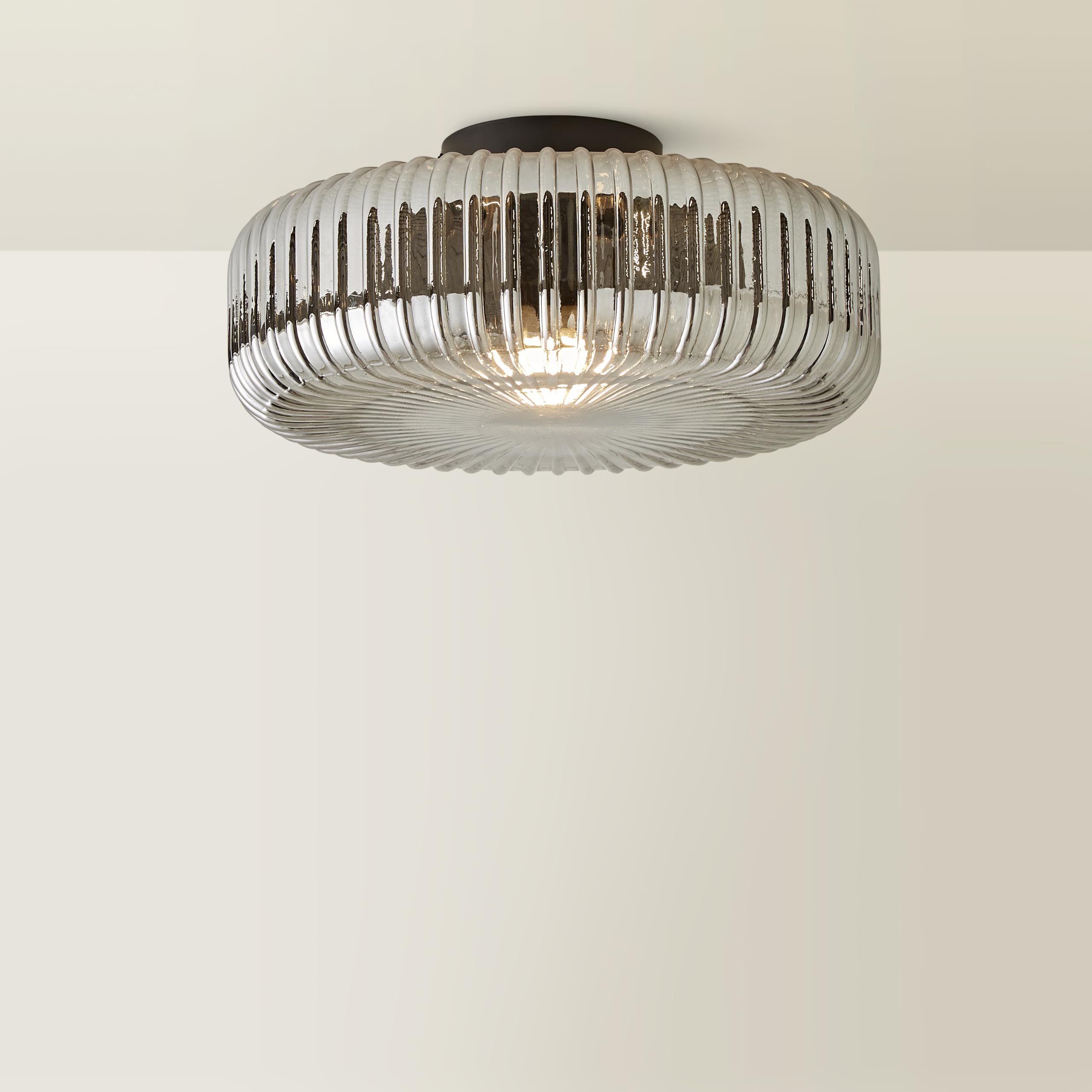 ValueLights | Calpe Matte Black Large Smoked Ribbed Glass Shallow Flush Ceiling Light with Bulb | Ceiling Lights, Home Décor & Improvement Essential | Mains Wired